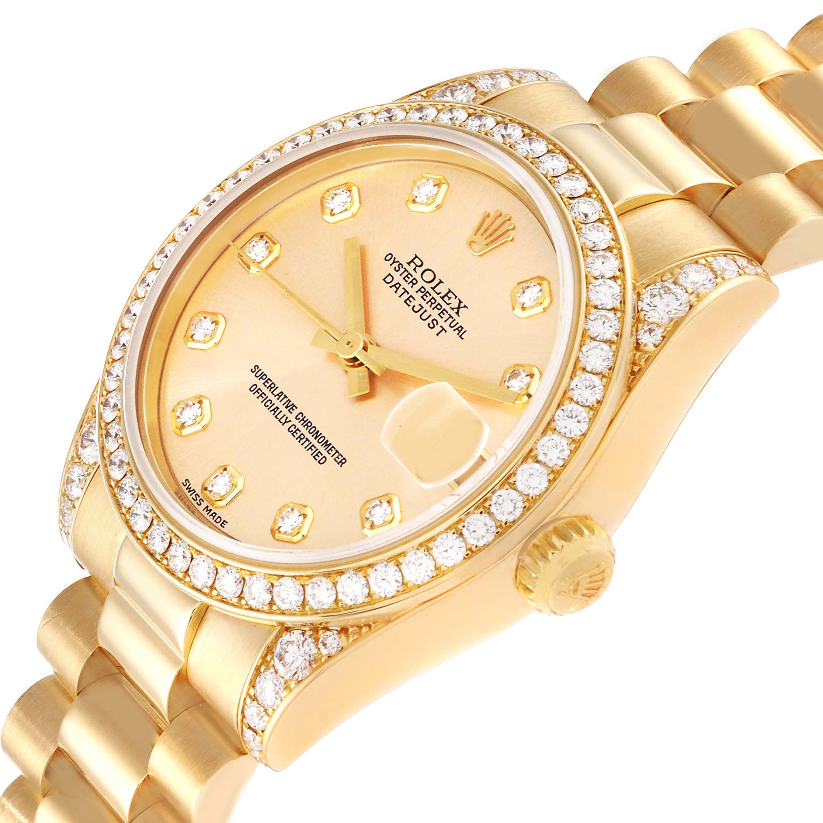 The image shows a close-up of the Rolex President 178158 Women
s Yellow Gold Champagne Dial 178158 Women
s Yellow Gold Champagne Dial model watch, featuring the face, case, crown, and part of the bracelet.