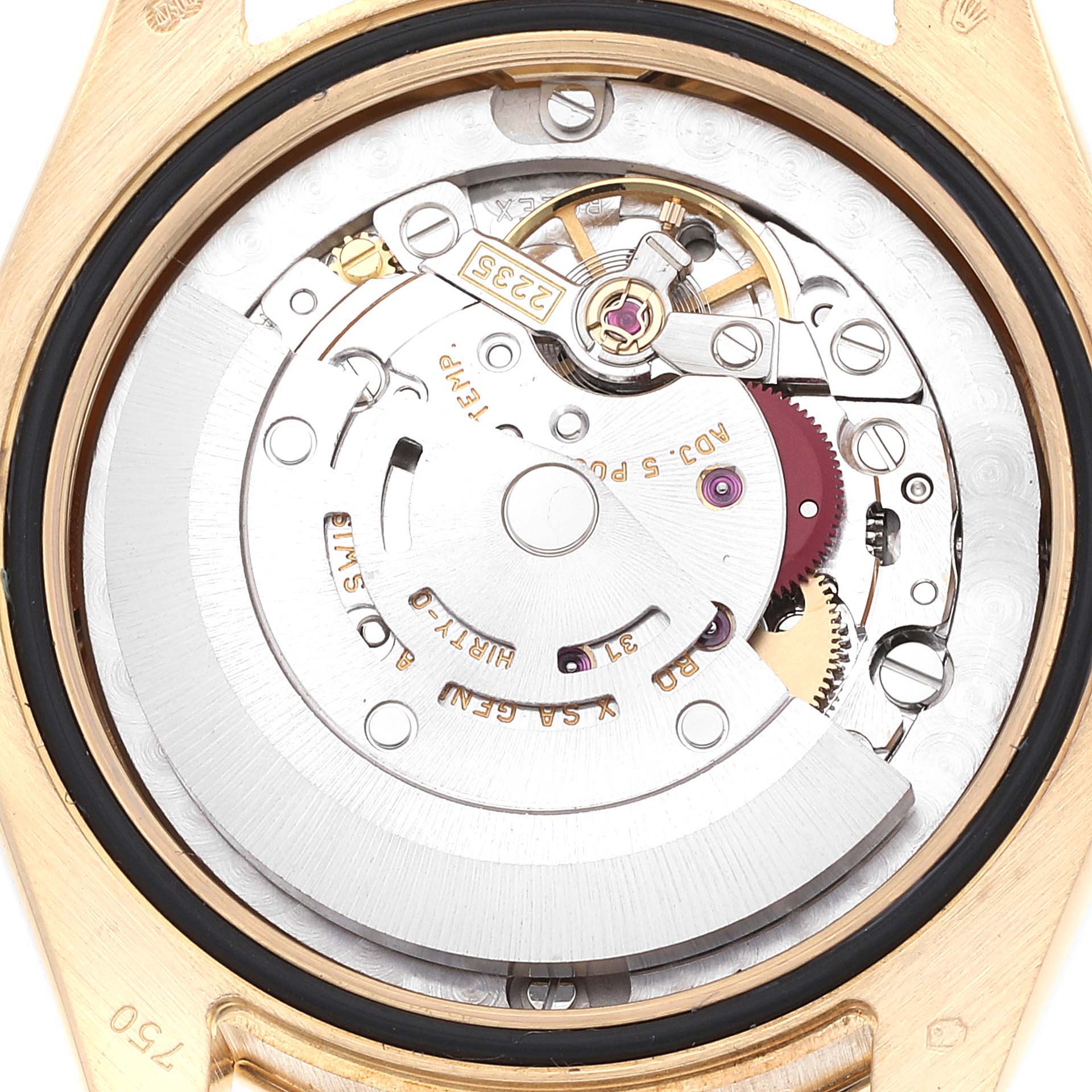 This image shows the movement and internal mechanism of a Rolex President 178158 Women
s Yellow Gold Champagne Dial 178158 Women
s Yellow Gold Champagne Dial model watch from a back angle.