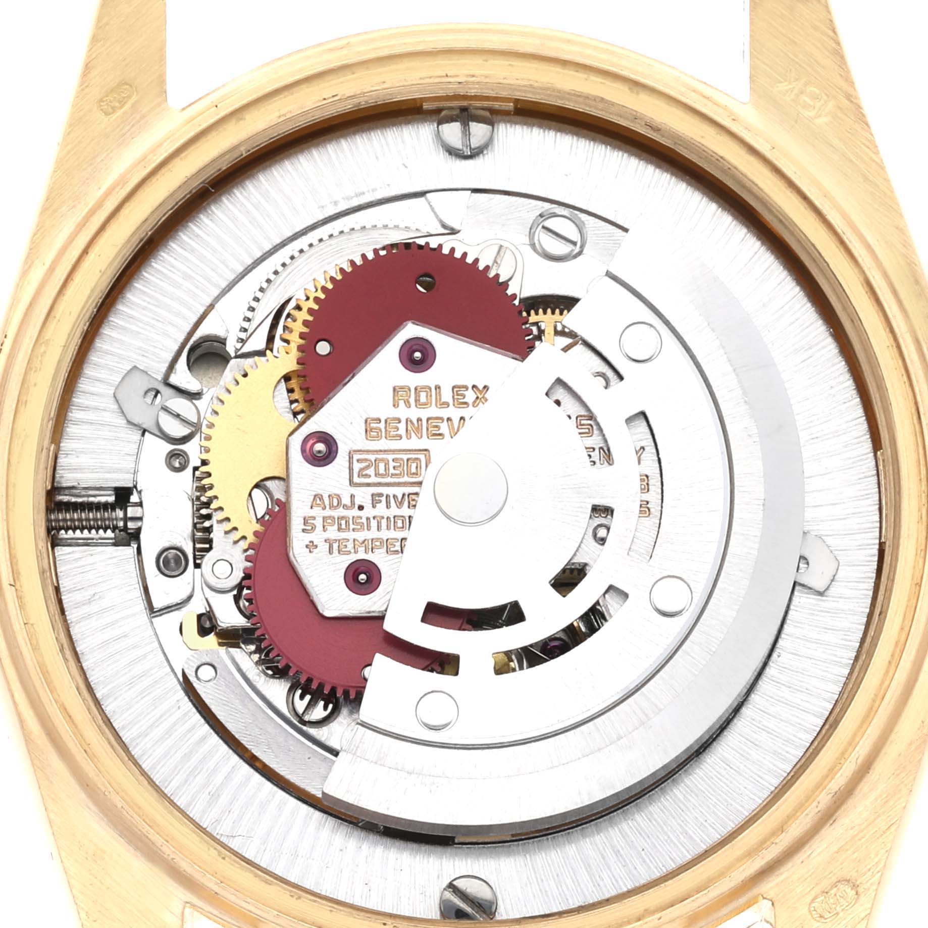 This close-up image shows the inner mechanical movement of a Rolex President M6827/8 Women's Yellow Gold Champagne Dial M6827/8 Women's Yellow Gold Champagne Dial model watch.