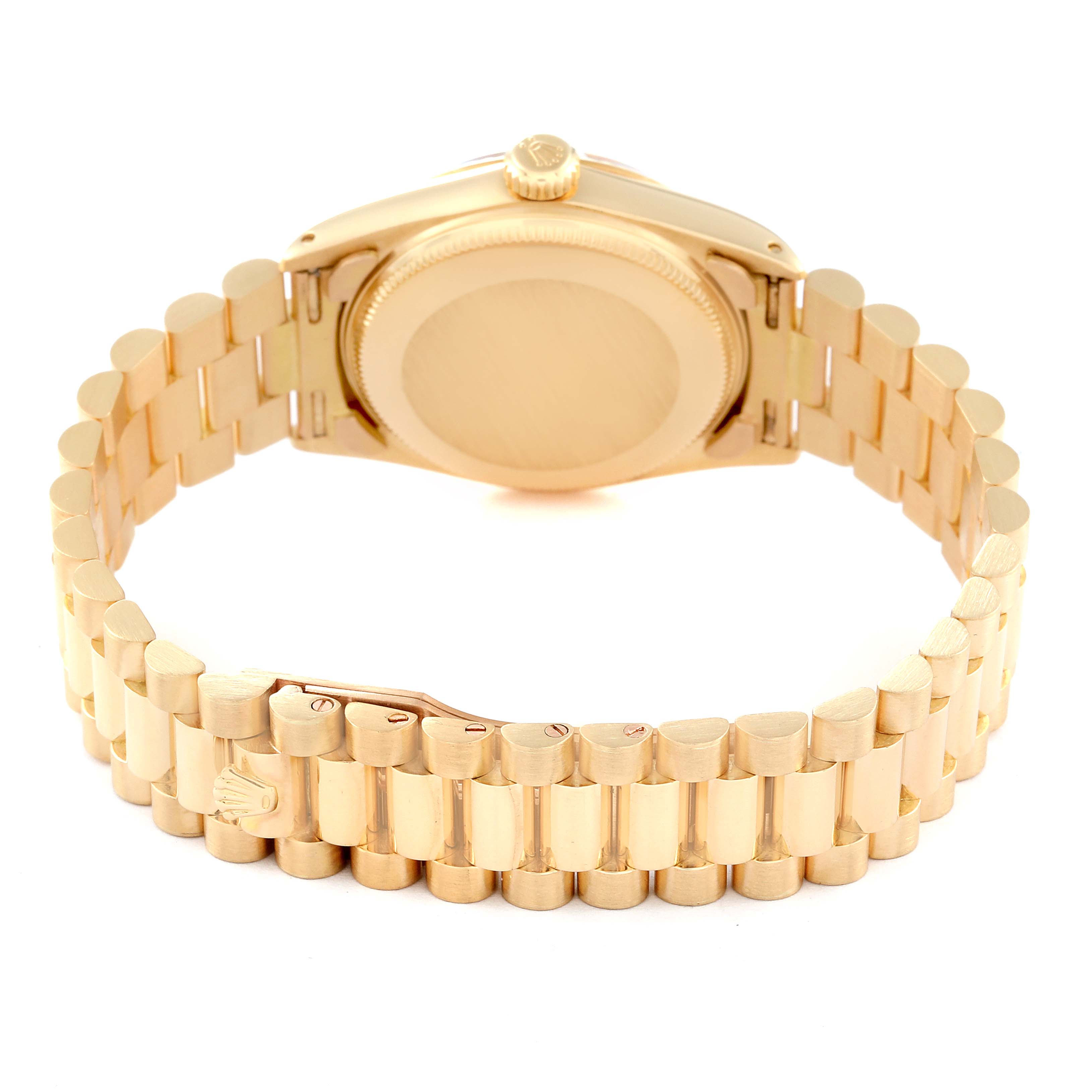 The image shows the back view of a Rolex President M6827/8 Women's Yellow Gold Champagne Dial M6827/8 Women's Yellow Gold Champagne Dial model watch, highlighting the clasp and bracelet.