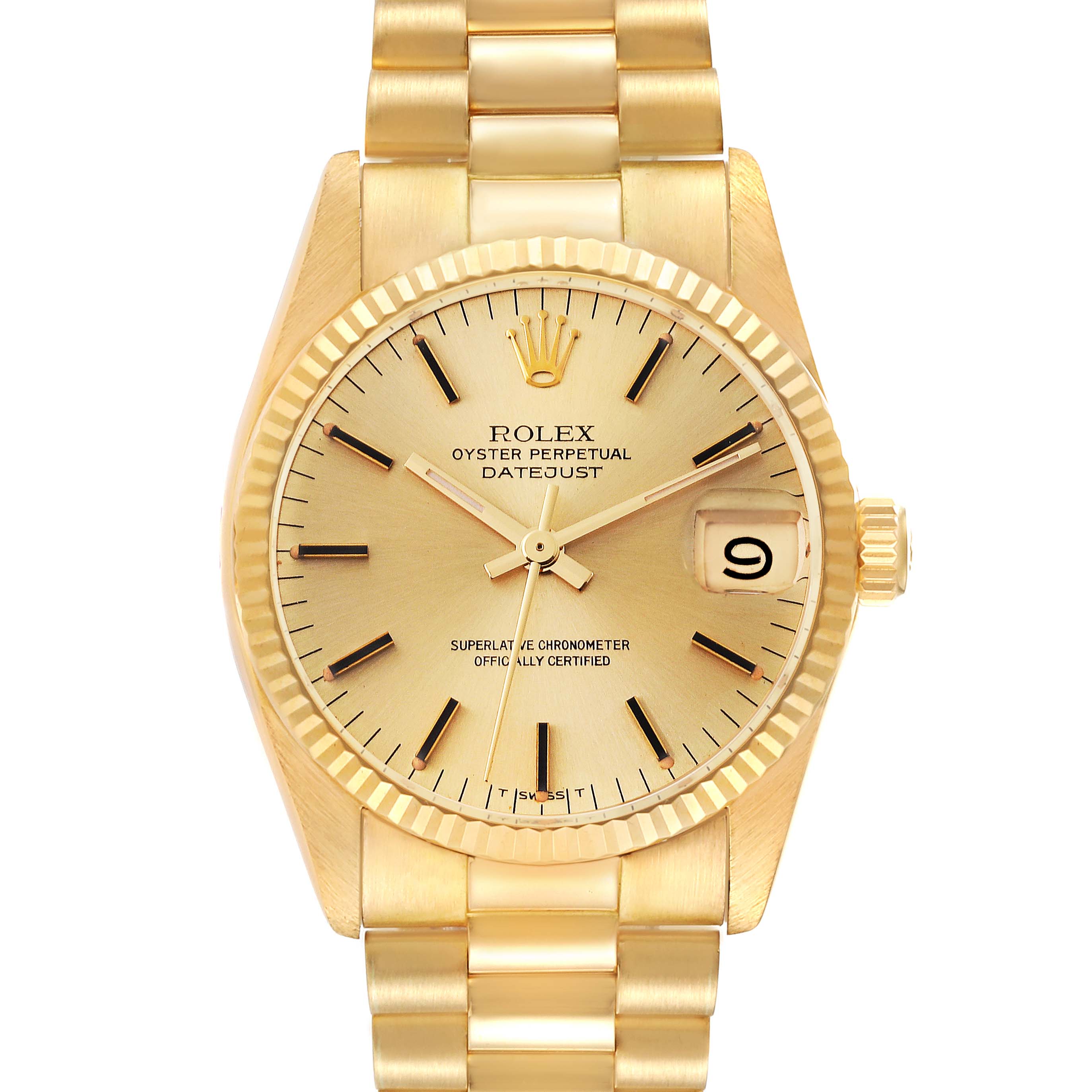 The image shows a front view of a Rolex President M6827/8 Women's Yellow Gold Champagne Dial M6827/8 Women's Yellow Gold Champagne Dial model watch, displaying its gold dial, fluted bezel, and date feature.