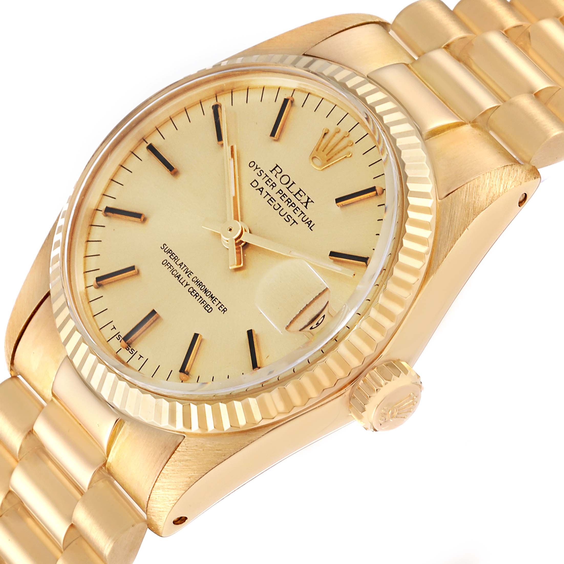This image shows a close-up, angled view of the dial, bezel, crown, and part of the bracelet of a Rolex President M6827/8 Women's Yellow Gold Champagne Dial M6827/8 Women's Yellow Gold Champagne Dial model watch.