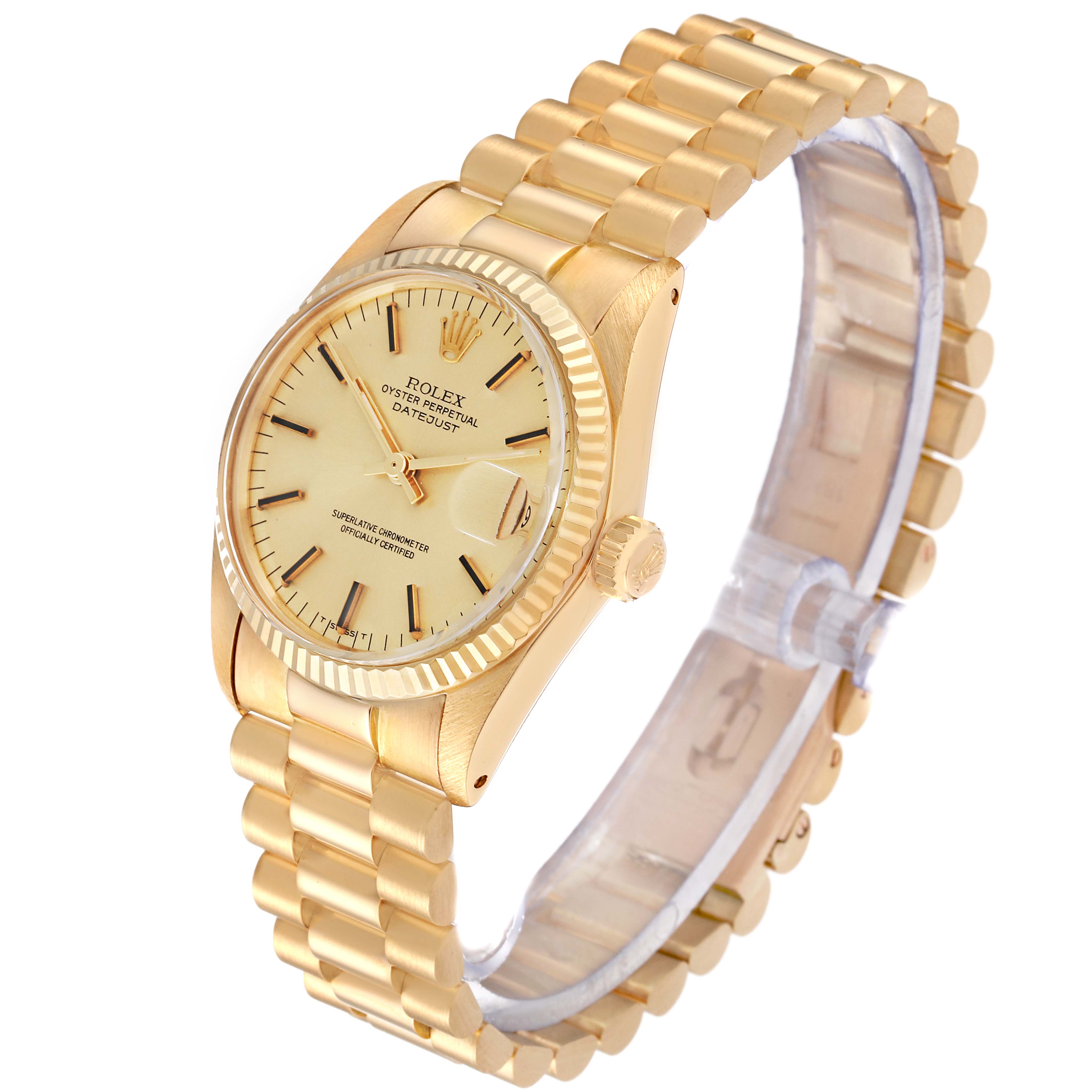 The Rolex President M6827/8 Women's Yellow Gold Champagne Dial M6827/8 Women's Yellow Gold Champagne Dial model watch is shown at an angled side view, displaying its gold bracelet, case, dial, and crown.