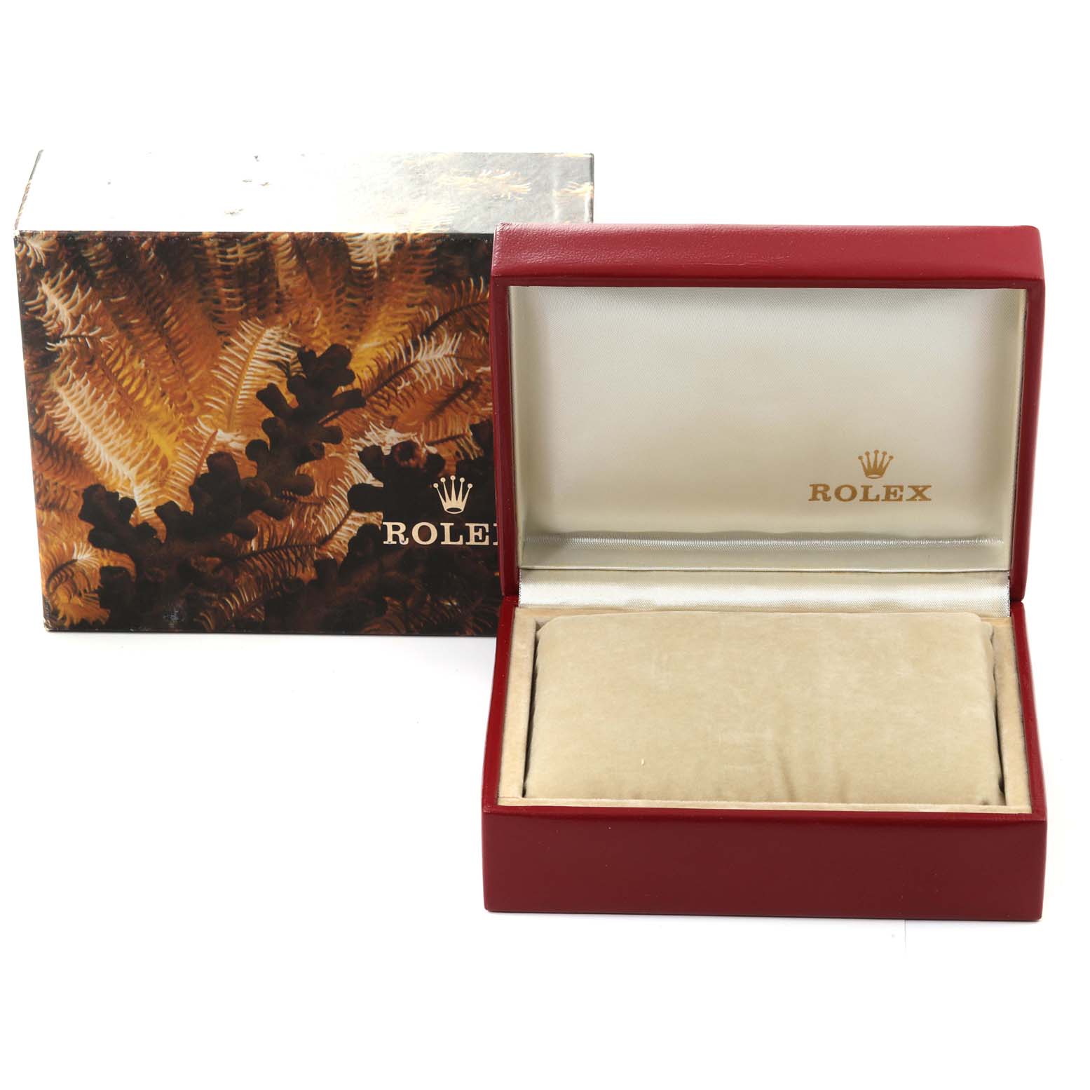 The image shows a Rolex President M6827/8 Women's Yellow Gold Champagne Dial M6827/8 Women's Yellow Gold Champagne Dial model watch box and outer packaging from a front angle, with the box open.