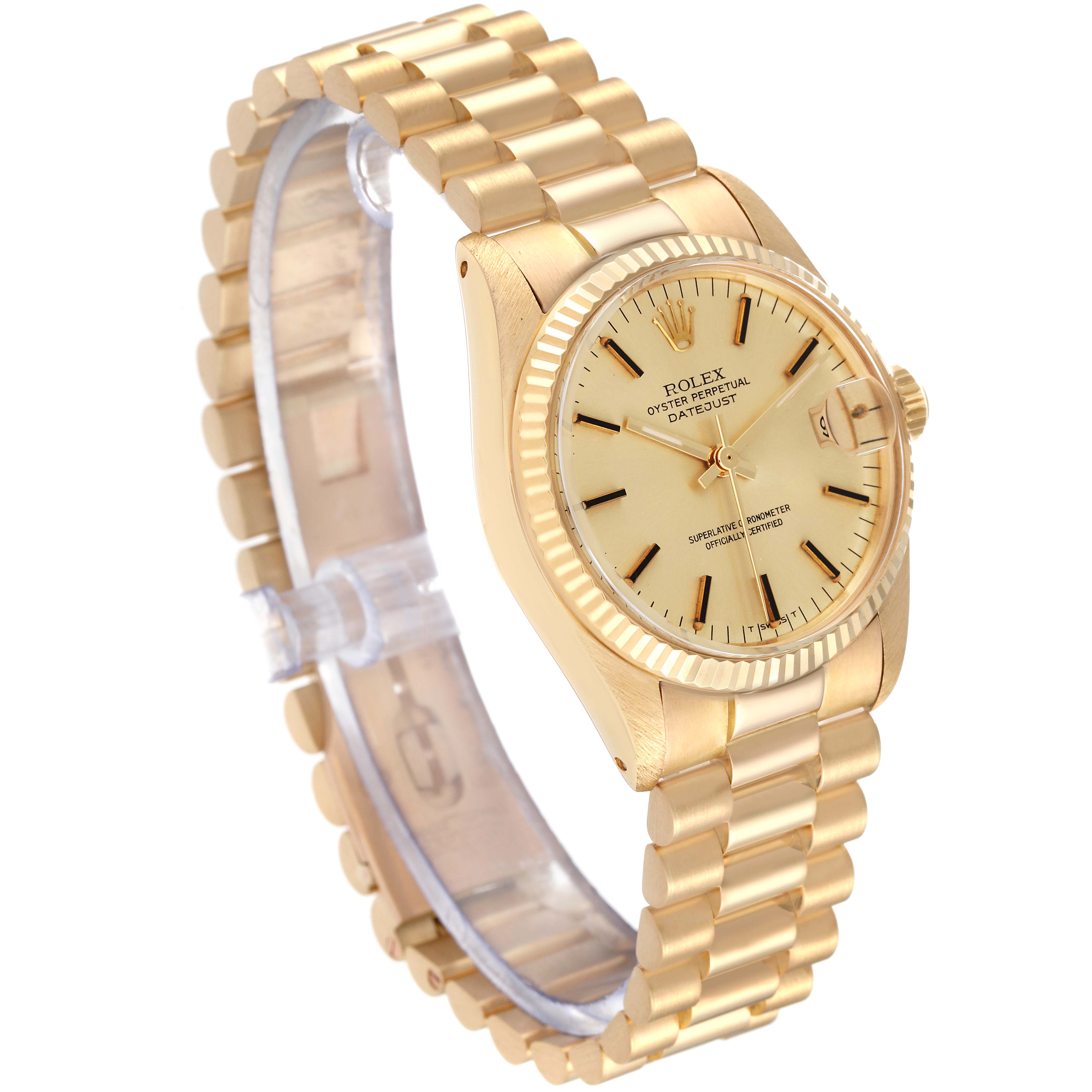 The image shows a side angle of the Rolex President M6827/8 Women's Yellow Gold Champagne Dial M6827/8 Women's Yellow Gold Champagne Dial model watch, highlighting its gold bracelet, dial, fluted bezel, and crown.