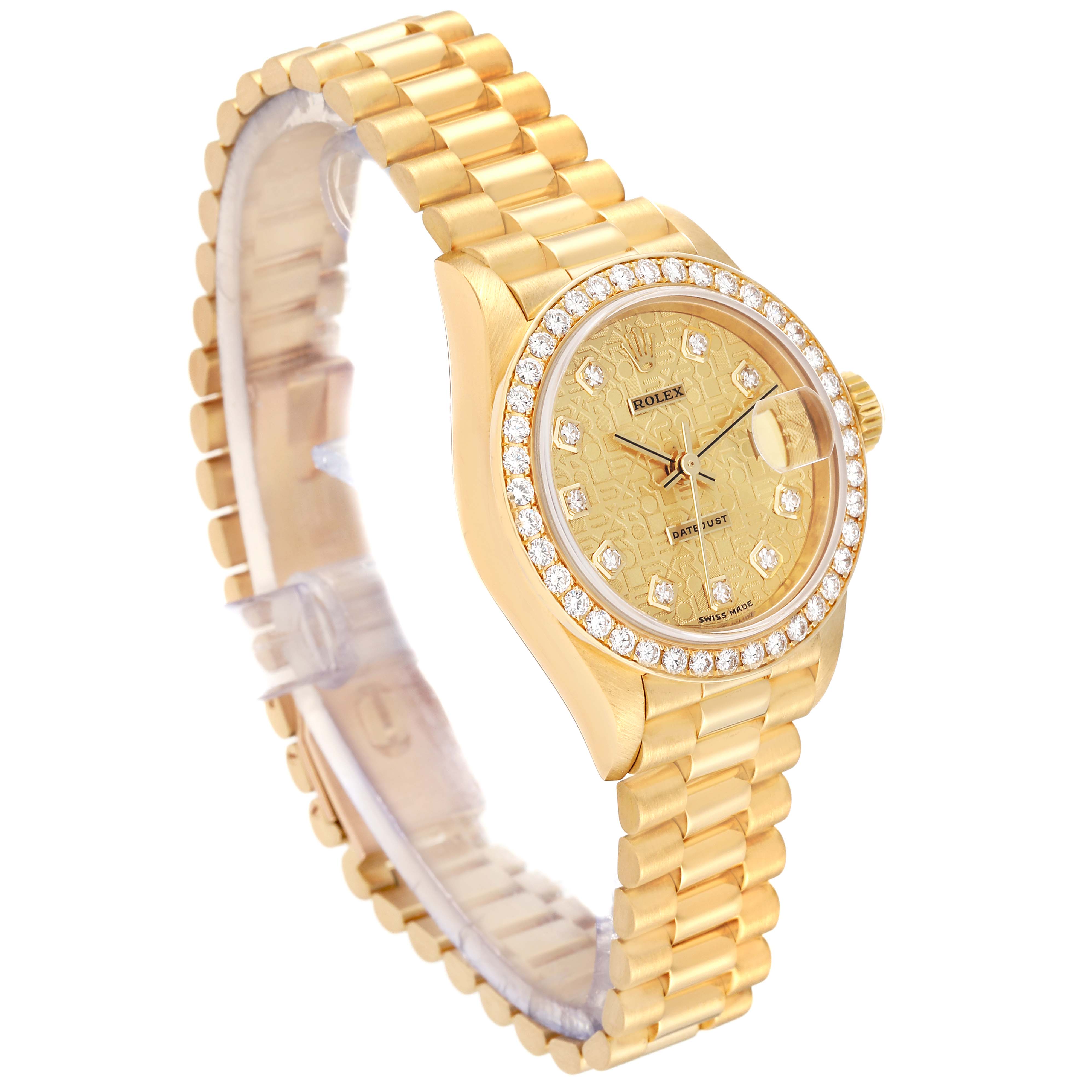 The image shows a Rolex President 79138G Women
s Yellow Gold Champagne Dial 79138G Women
s Yellow Gold Champagne Dial model watch angled from the front-left, highlighting the gold bracelet, diamond bezel, and dial.