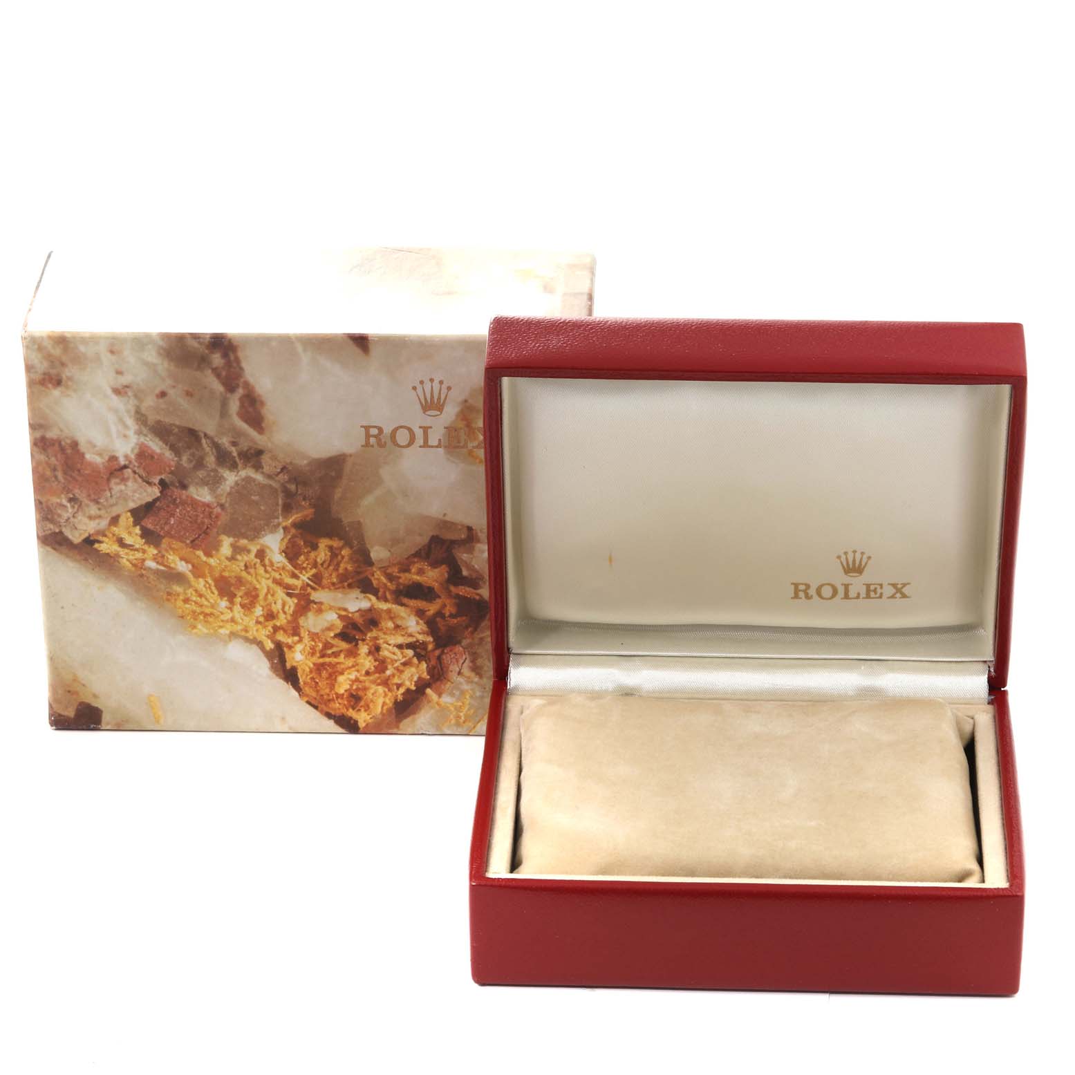 The image shows the Rolex President 79138G Women
s Yellow Gold Champagne Dial 79138G Women
s Yellow Gold Champagne Dial watch box and outer packaging, with the box open displaying the watch cushion.