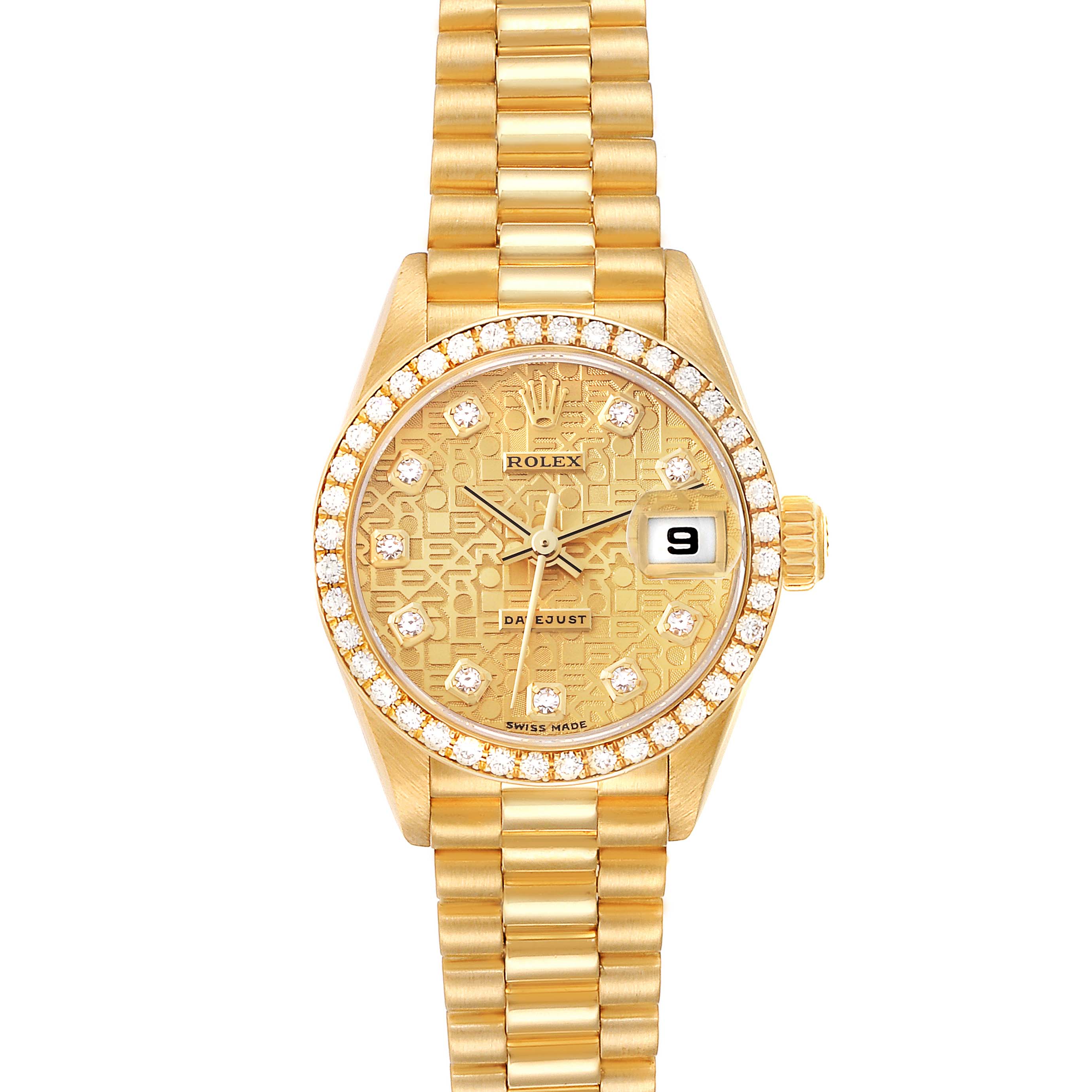 The image shows a frontal view of a Rolex President 79138G Women
s Yellow Gold Champagne Dial 79138G Women
s Yellow Gold Champagne Dial model watch, featuring a gold dial, diamond markers, and a gold bracelet.