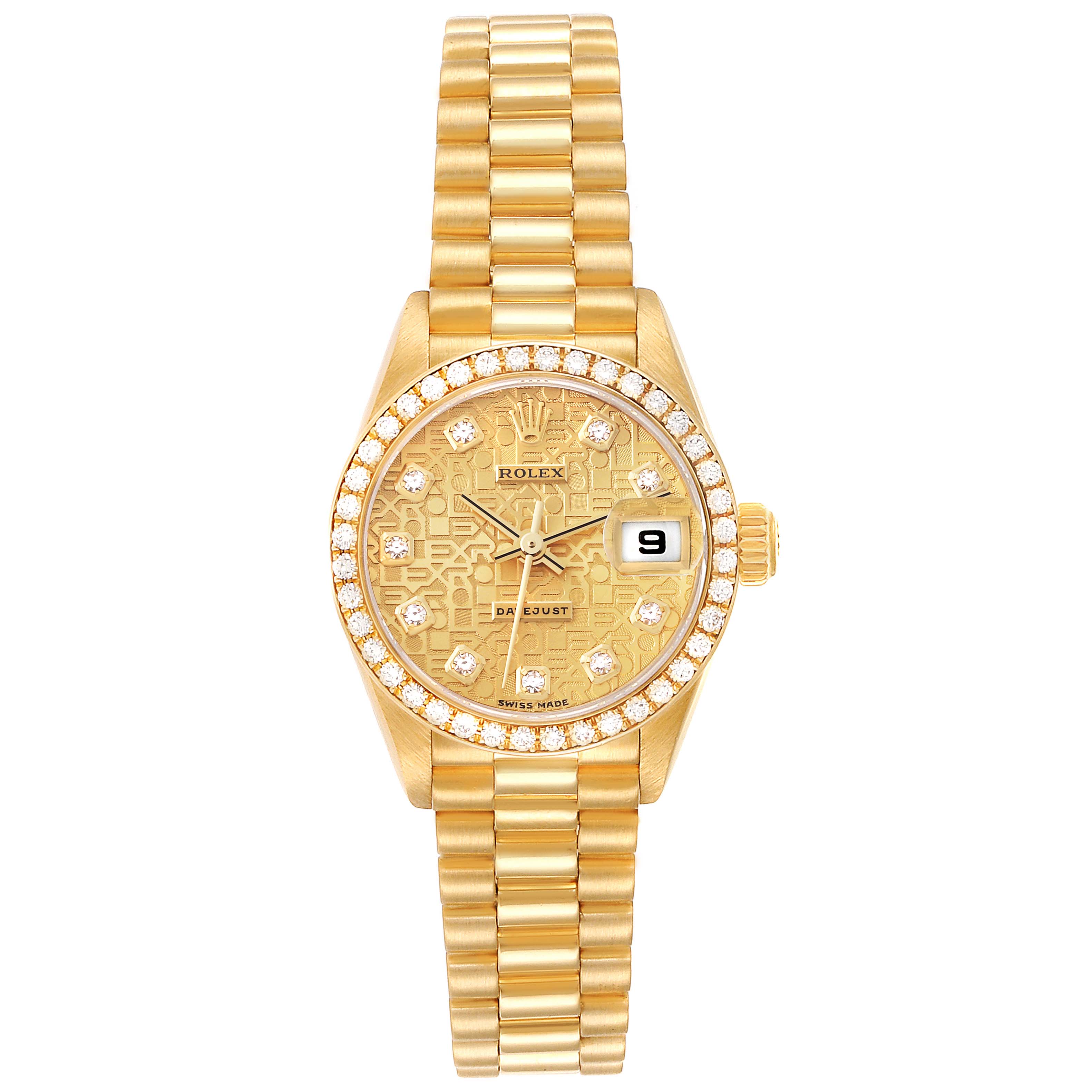 The image shows a front view of a Rolex President 79138G Women
s Yellow Gold Champagne Dial 79138G Women
s Yellow Gold Champagne Dial watch, featuring a gold band, diamond bezel, and date display.