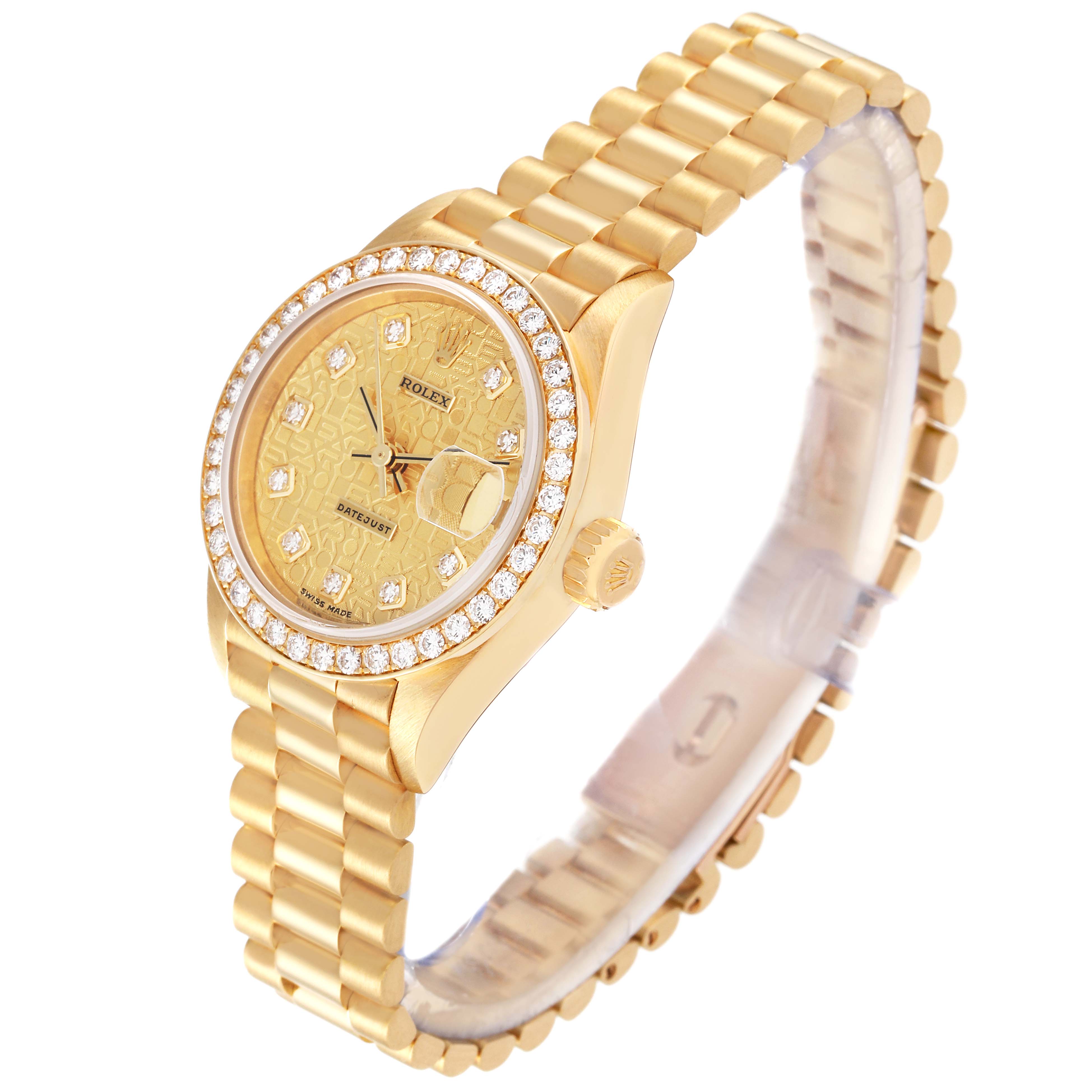 The image shows a Rolex President 79138G Women
s Yellow Gold Champagne Dial 79138G Women
s Yellow Gold Champagne Dial model watch at an oblique angle, featuring its gold bracelet, bezel with diamonds, dial, and crown.