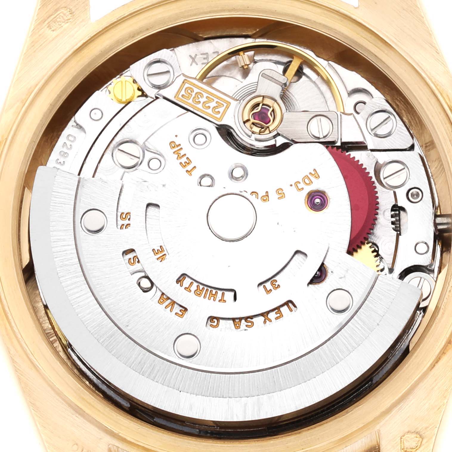 The image shows the internal movement mechanism of a Rolex President 79138G Women
s Yellow Gold Champagne Dial 79138G Women
s Yellow Gold Champagne Dial model watch.