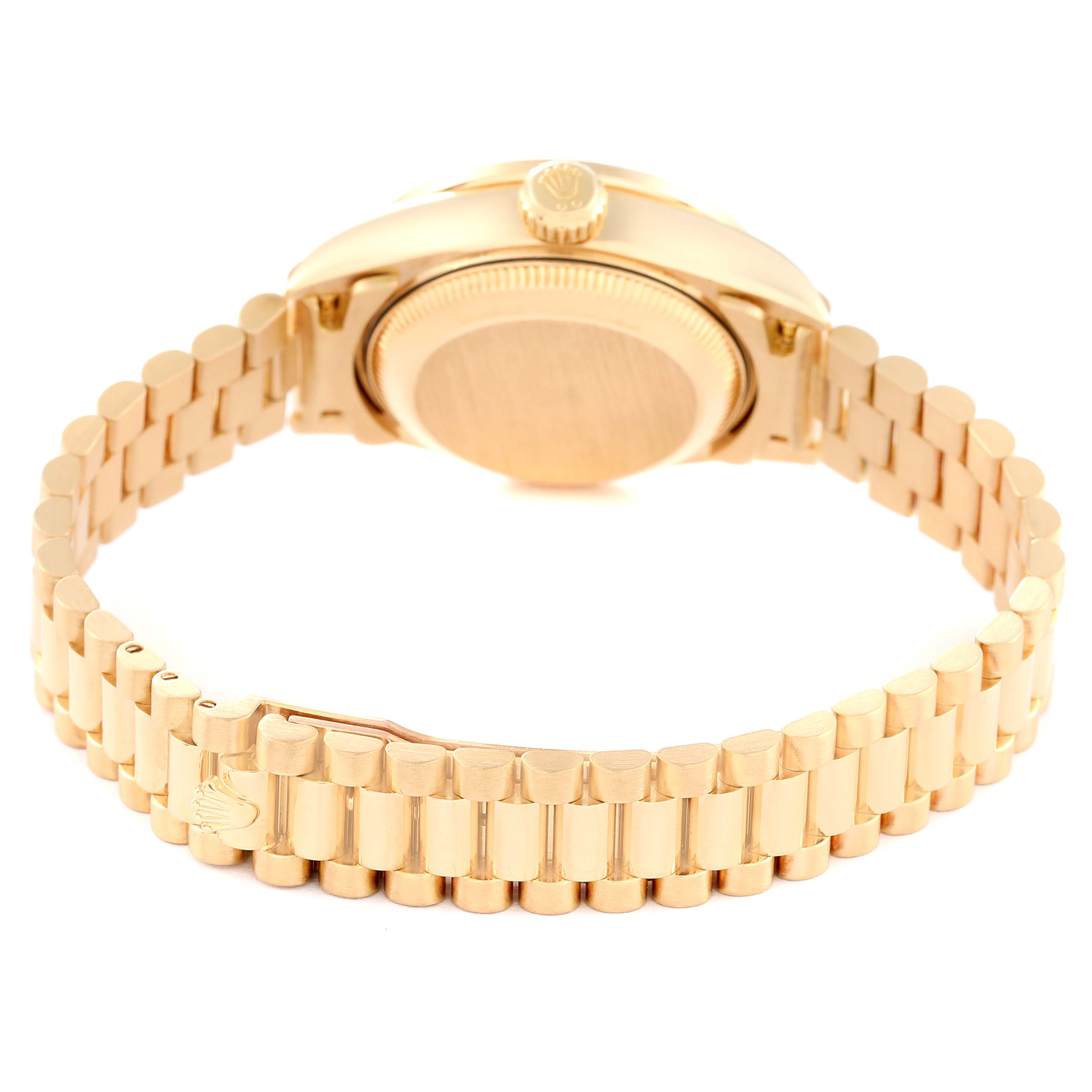 The image shows the back and bracelet of the Rolex President 79138G Women
s Yellow Gold Champagne Dial 79138G Women
s Yellow Gold Champagne Dial model watch, highlighting the crown and clasp.