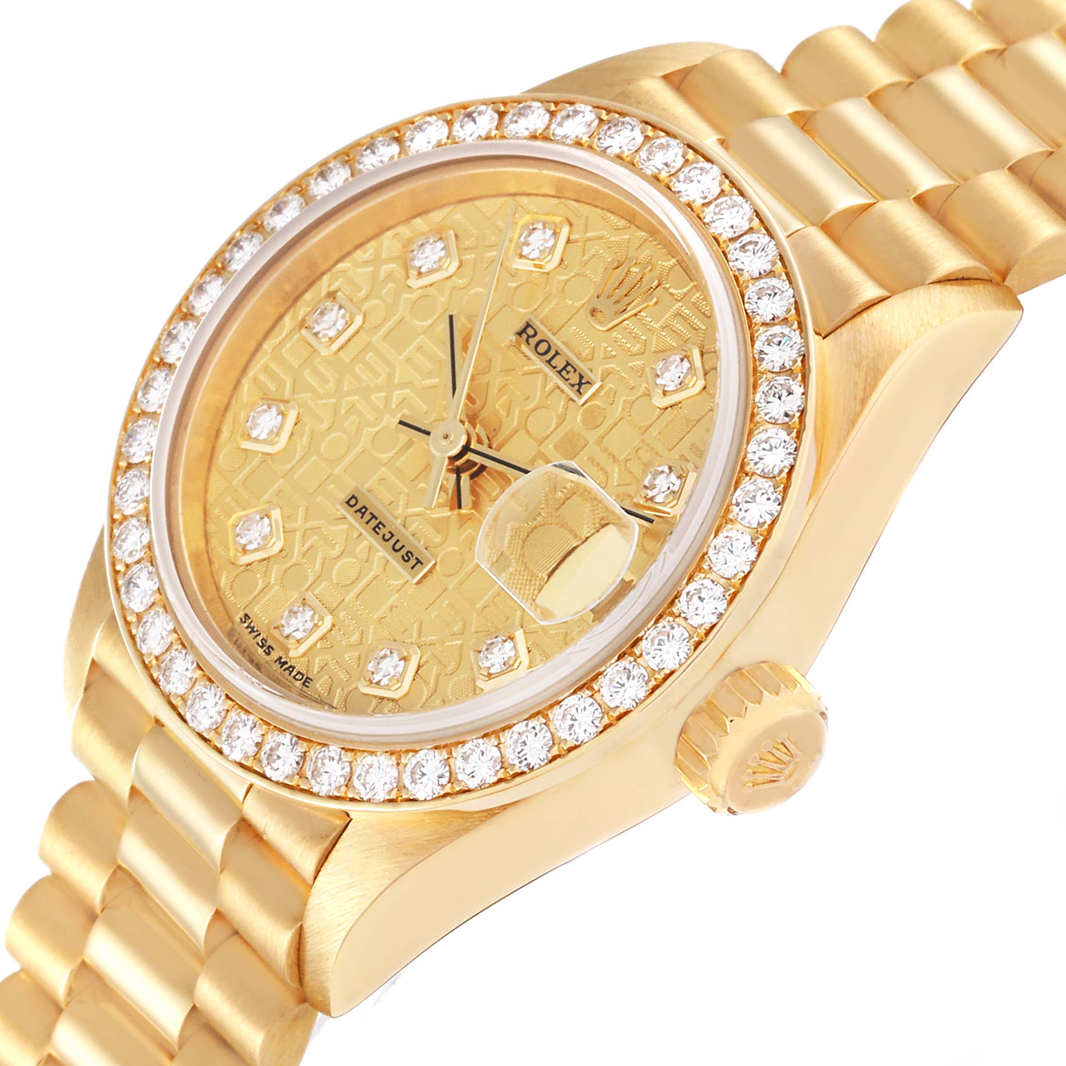 This Rolex President 79138G Women
s Yellow Gold Champagne Dial 79138G Women
s Yellow Gold Champagne Dial model watch is shown at an angle displaying its face, diamond bezel, crown, and part of the gold bracelet.