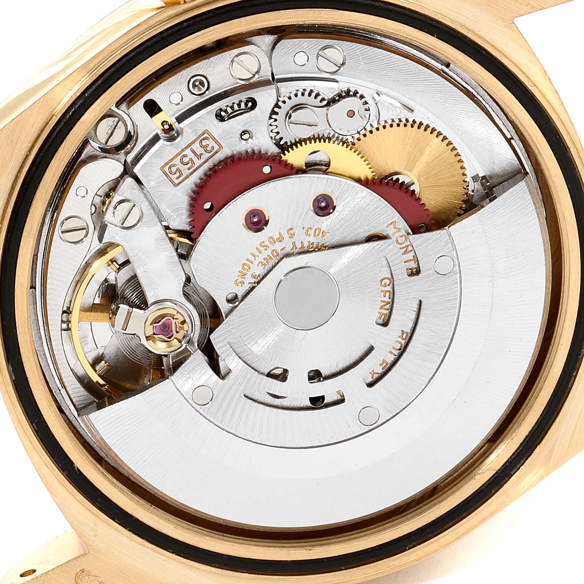 The image shows the internal mechanical movement of a Rolex President 18248 Men
s Yellow Gold Black Dial 18248 Men
s Yellow Gold Black Dial model watch from a rear angle without the case back.