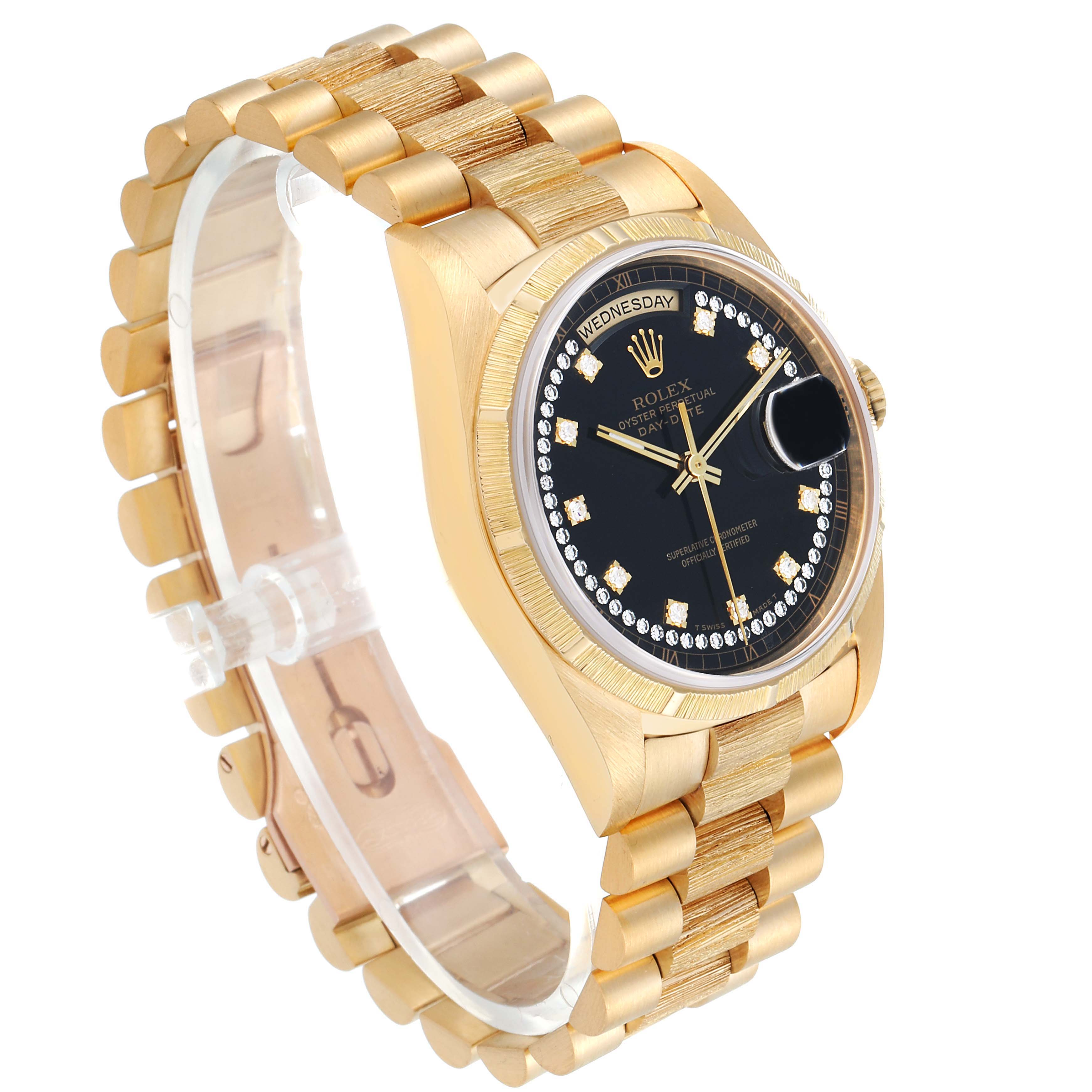 This image shows a Rolex President 18248 Men
s Yellow Gold Black Dial 18248 Men
s Yellow Gold Black Dial model watch from an angled side view, displaying the gold bracelet, black dial, and diamond indices.