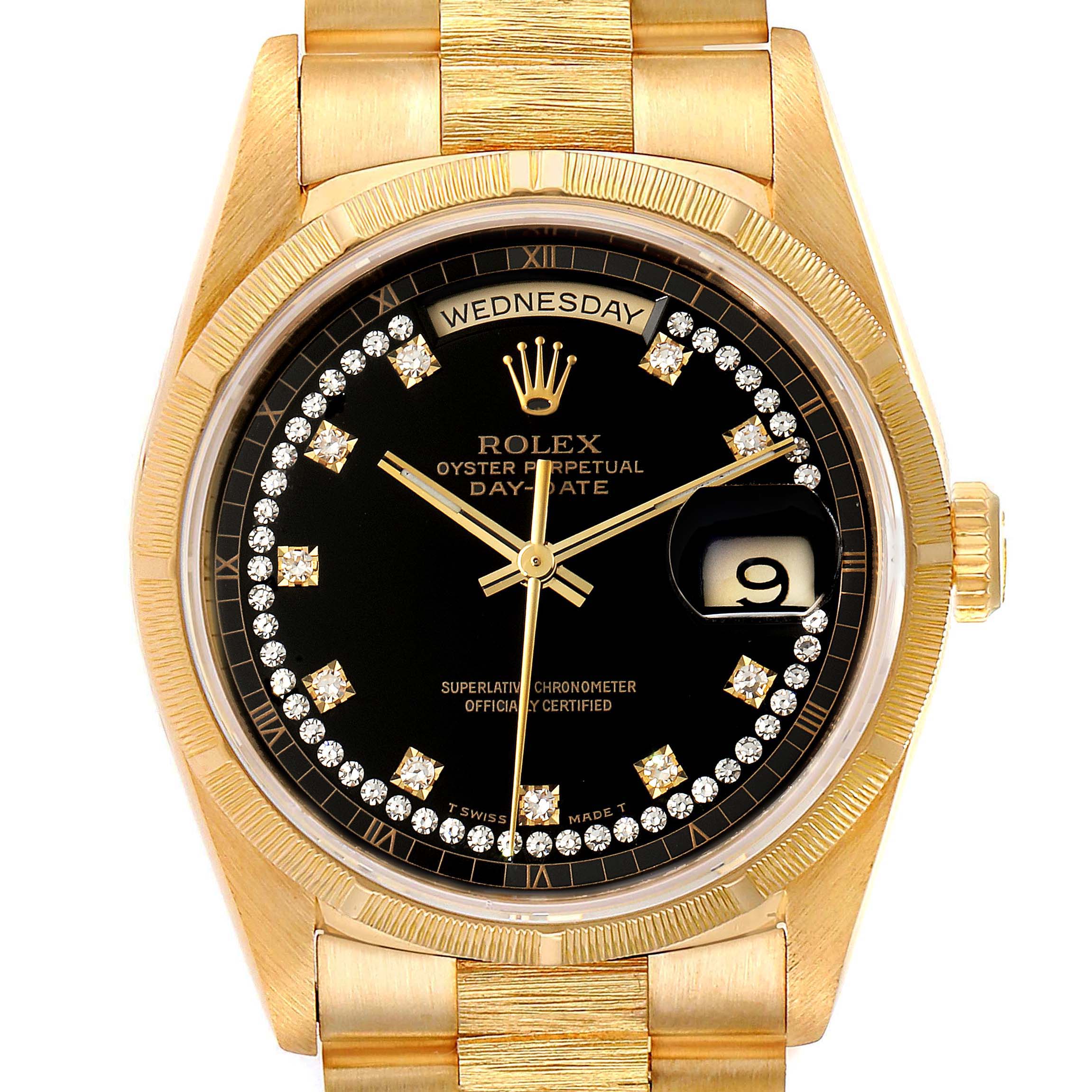 This image shows the front view of a Rolex President 18248 Men
s Yellow Gold Black Dial 18248 Men
s Yellow Gold Black Dial model watch, highlighting the dial, bezel, and part of the bracelet.