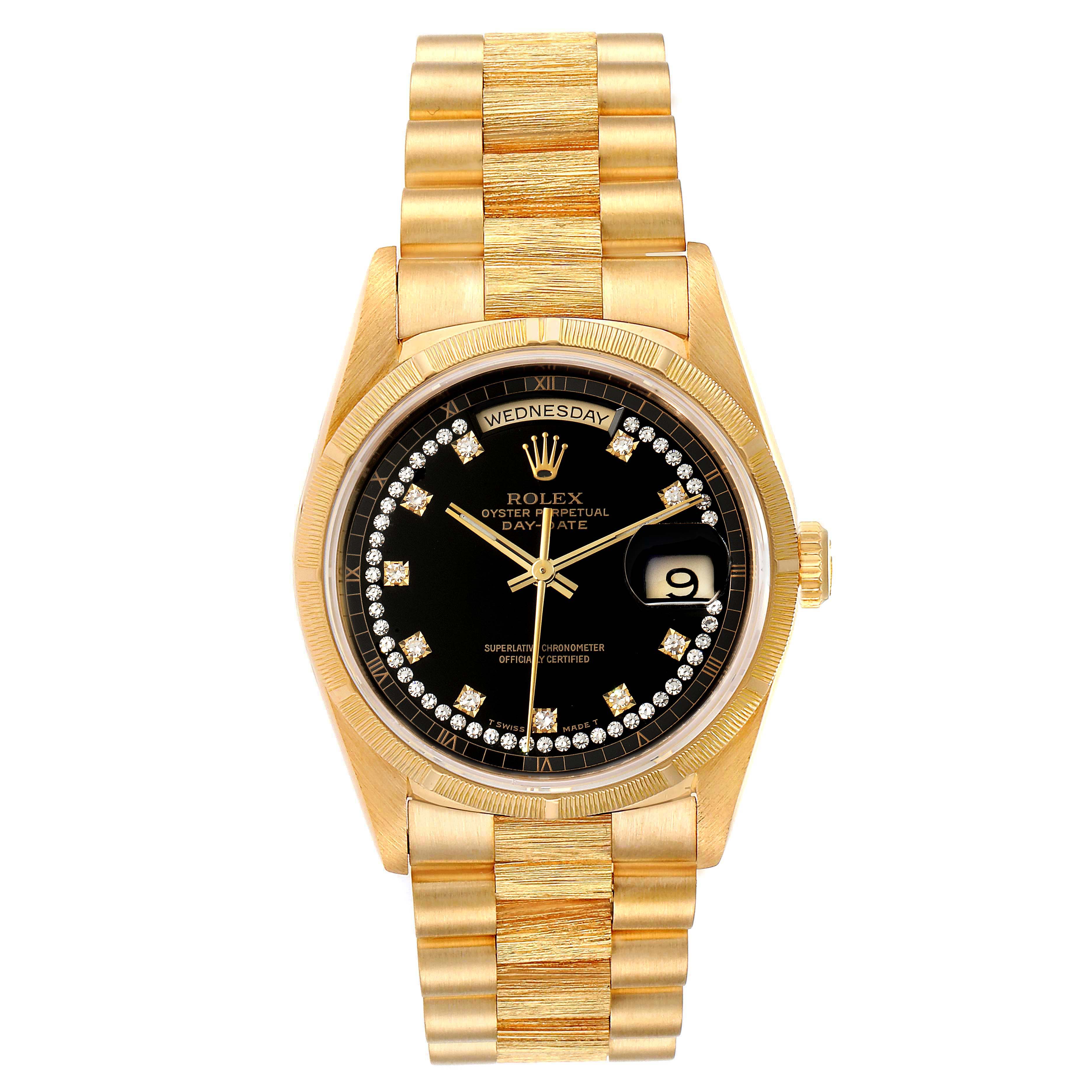 This image shows the front view of a Rolex President 18248 Men
s Yellow Gold Black Dial 18248 Men
s Yellow Gold Black Dial model watch, highlighting its gold bracelet, black dial, and day-date display.