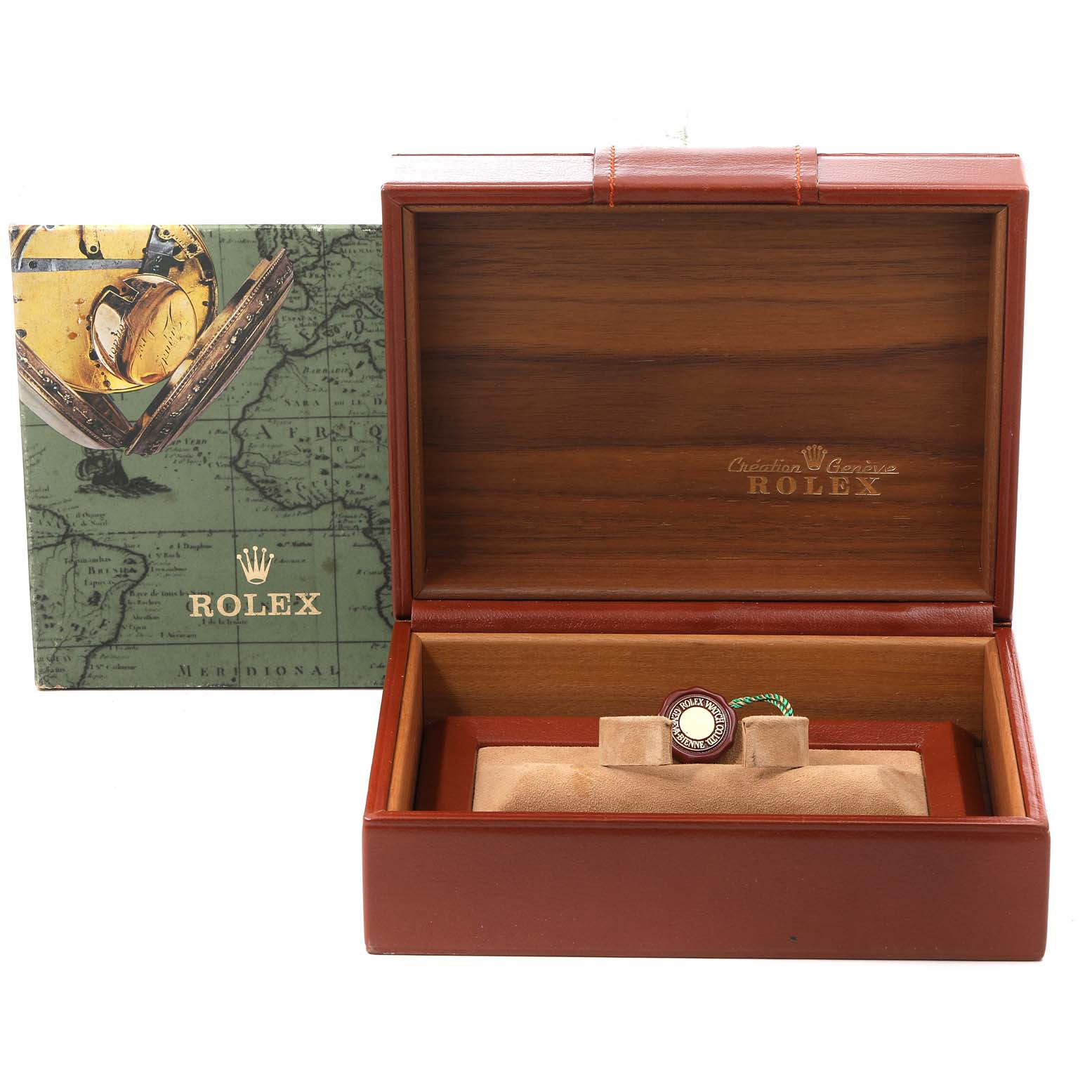 The image shows an open Rolex President 18248 Men
s Yellow Gold Black Dial 18248 Men
s Yellow Gold Black Dial model watch box with the watch tag inside and the outer packaging beside it.