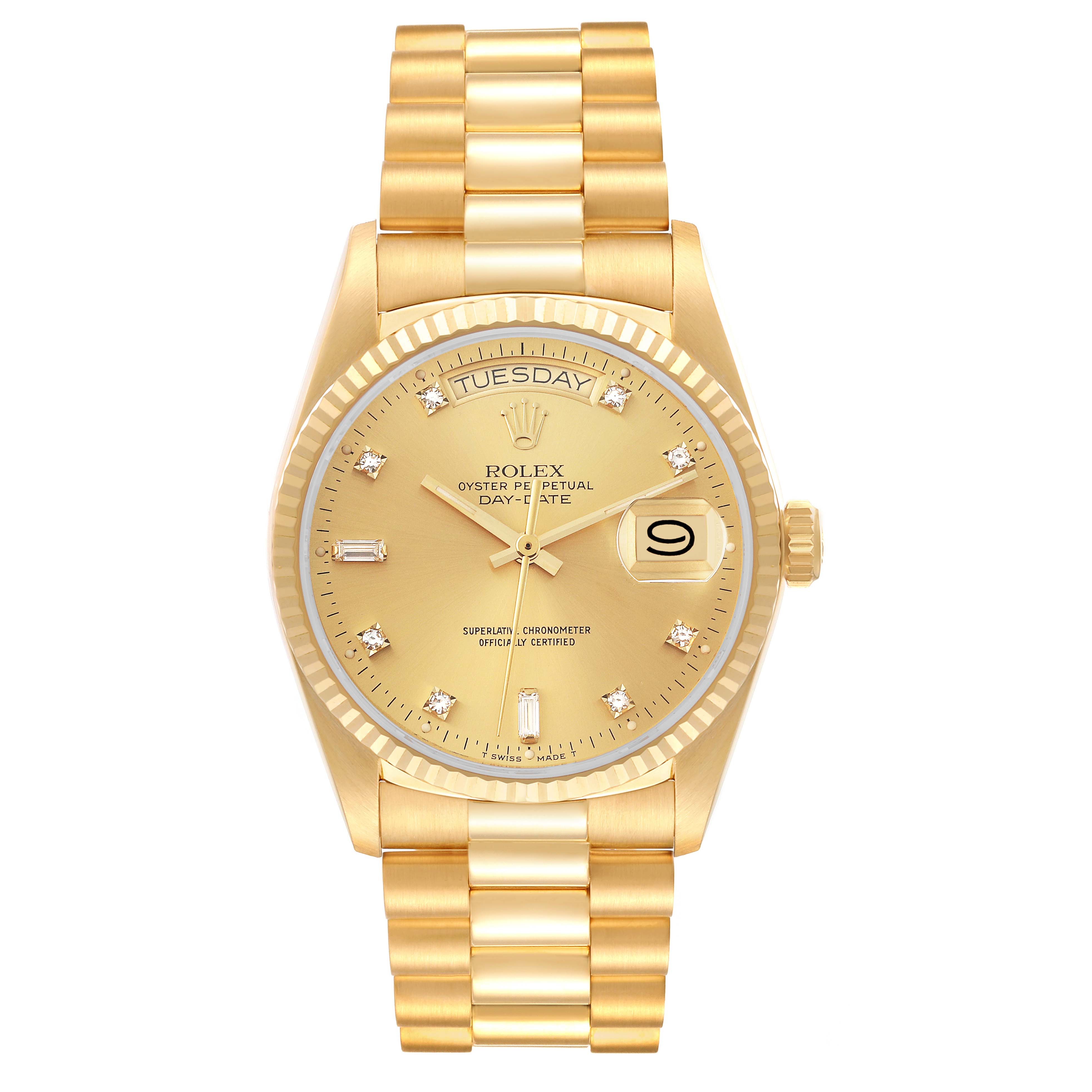 This image displays a Rolex President 18038A Men
s Yellow Gold Champagne Dial 18038A Men
s Yellow Gold Champagne Dial model watch from a straight-on angle, showing its dial, bracelet, and crown.