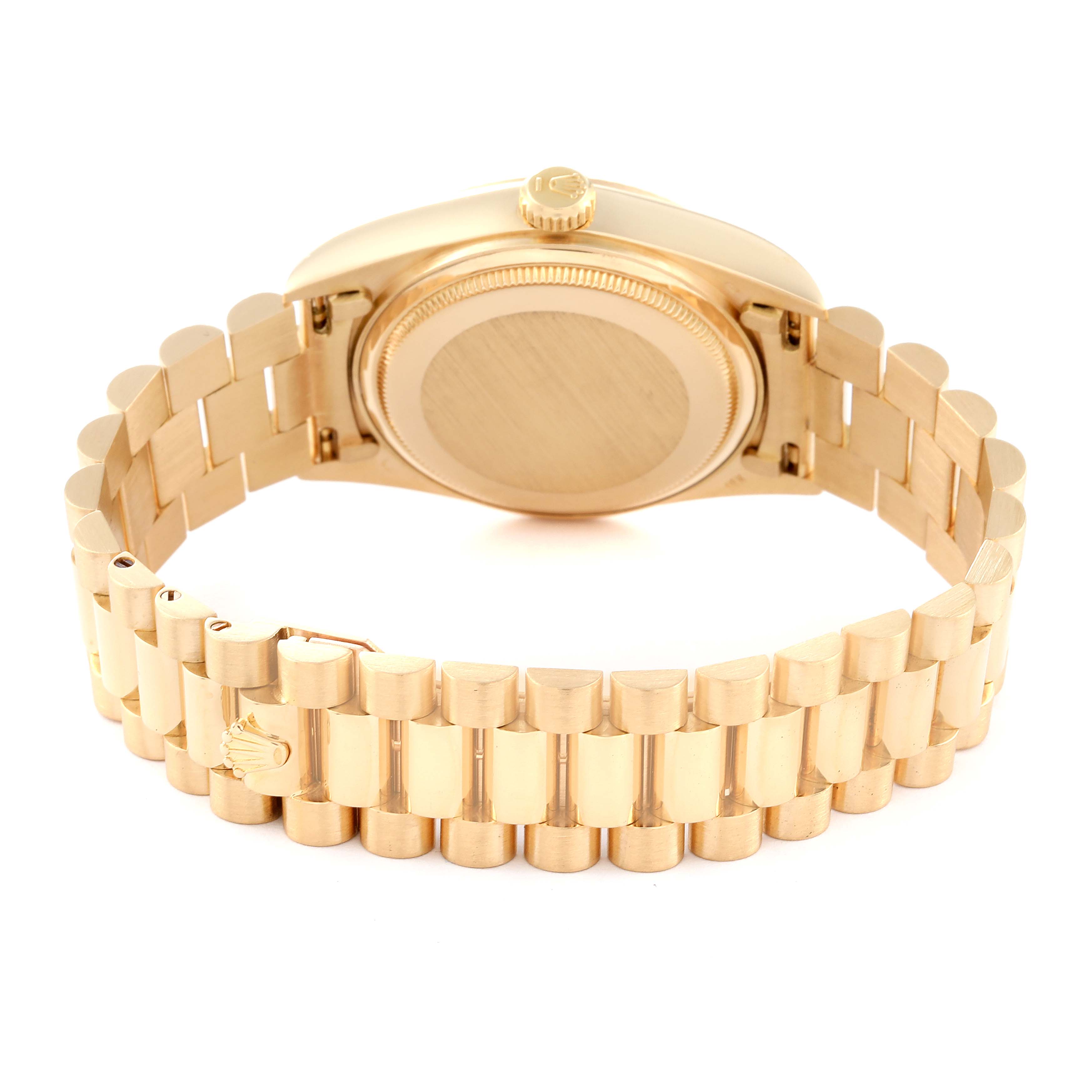 The image shows the back case and bracelet of a Rolex President 18038A Men
s Yellow Gold Champagne Dial 18038A Men
s Yellow Gold Champagne Dial model watch from a rear angle.