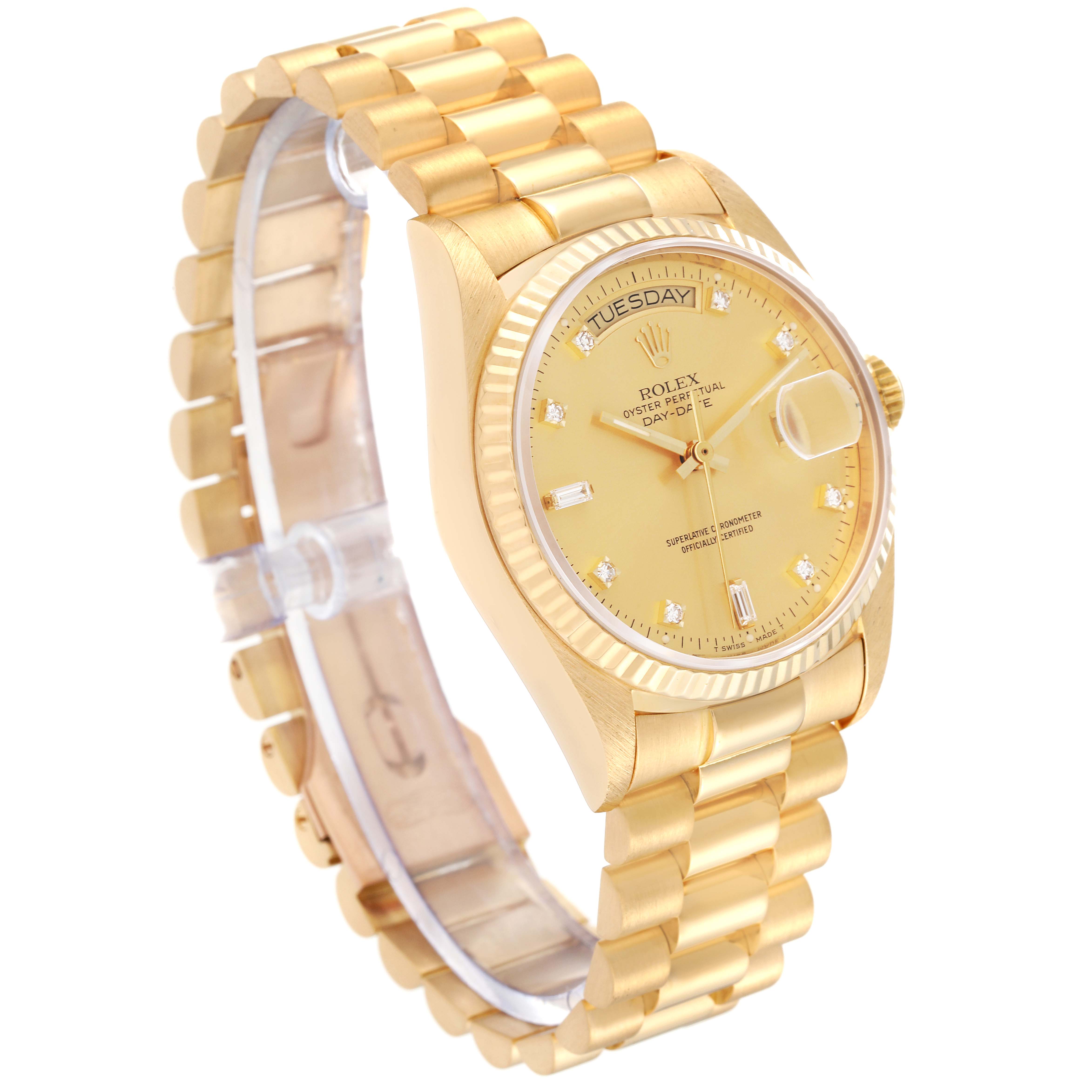 The Rolex President 18038A Men
s Yellow Gold Champagne Dial 18038A Men
s Yellow Gold Champagne Dial model watch is shown at a three-quarter front angle, displaying its gold bracelet, bezel, dial, and day-date features.