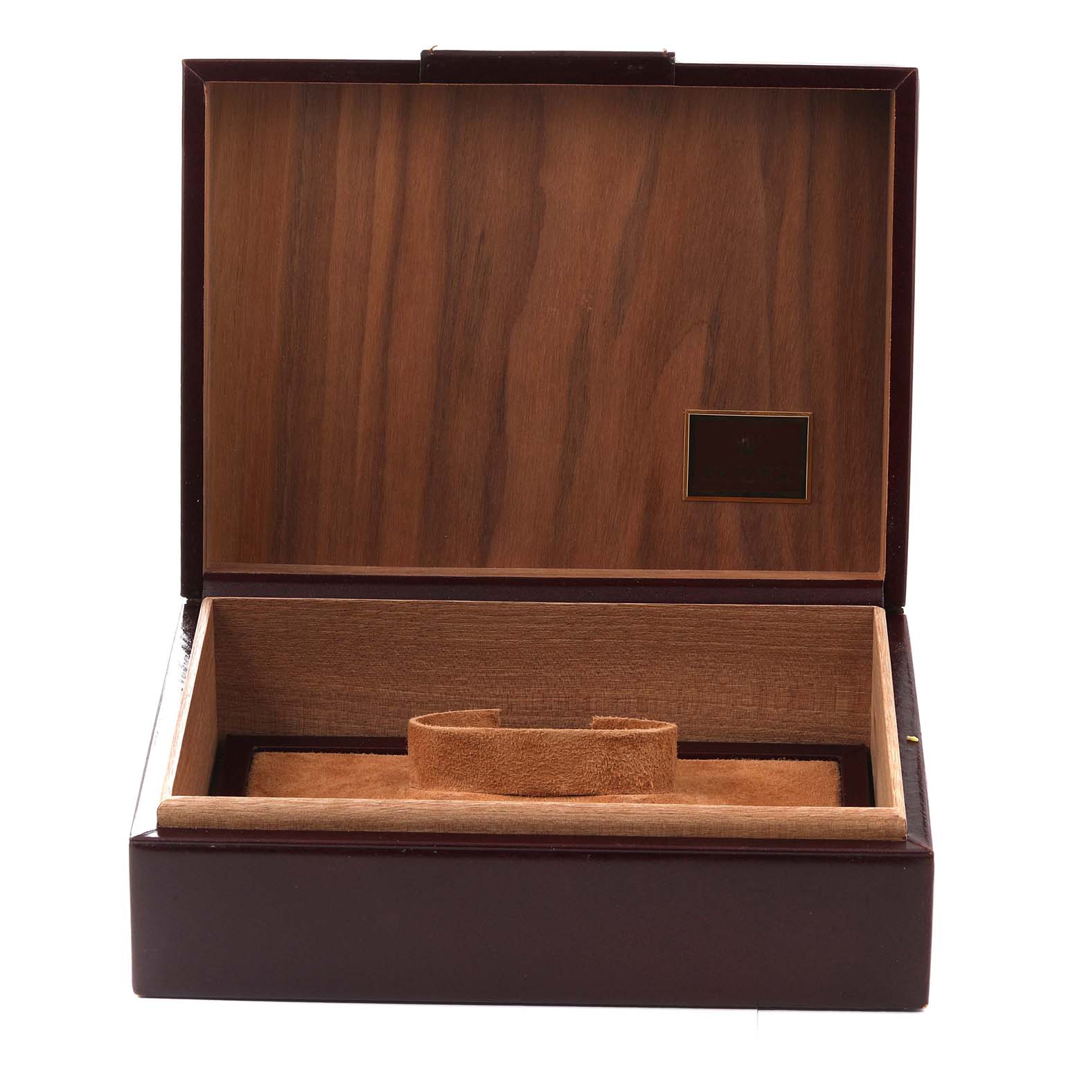 This image shows an open wooden presentation box for the Rolex President 18038A Men
s Yellow Gold Champagne Dial 18038A Men
s Yellow Gold Champagne Dial model watch.