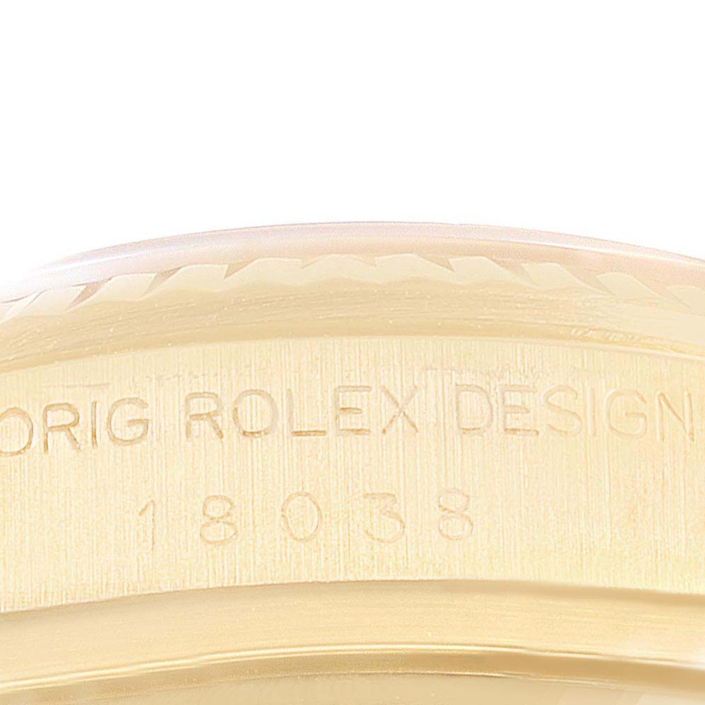 This is a close-up view of the case side of a Rolex President 18038A Men
s Yellow Gold Champagne Dial 18038A Men
s Yellow Gold Champagne Dial model watch, showing the engraved model number.