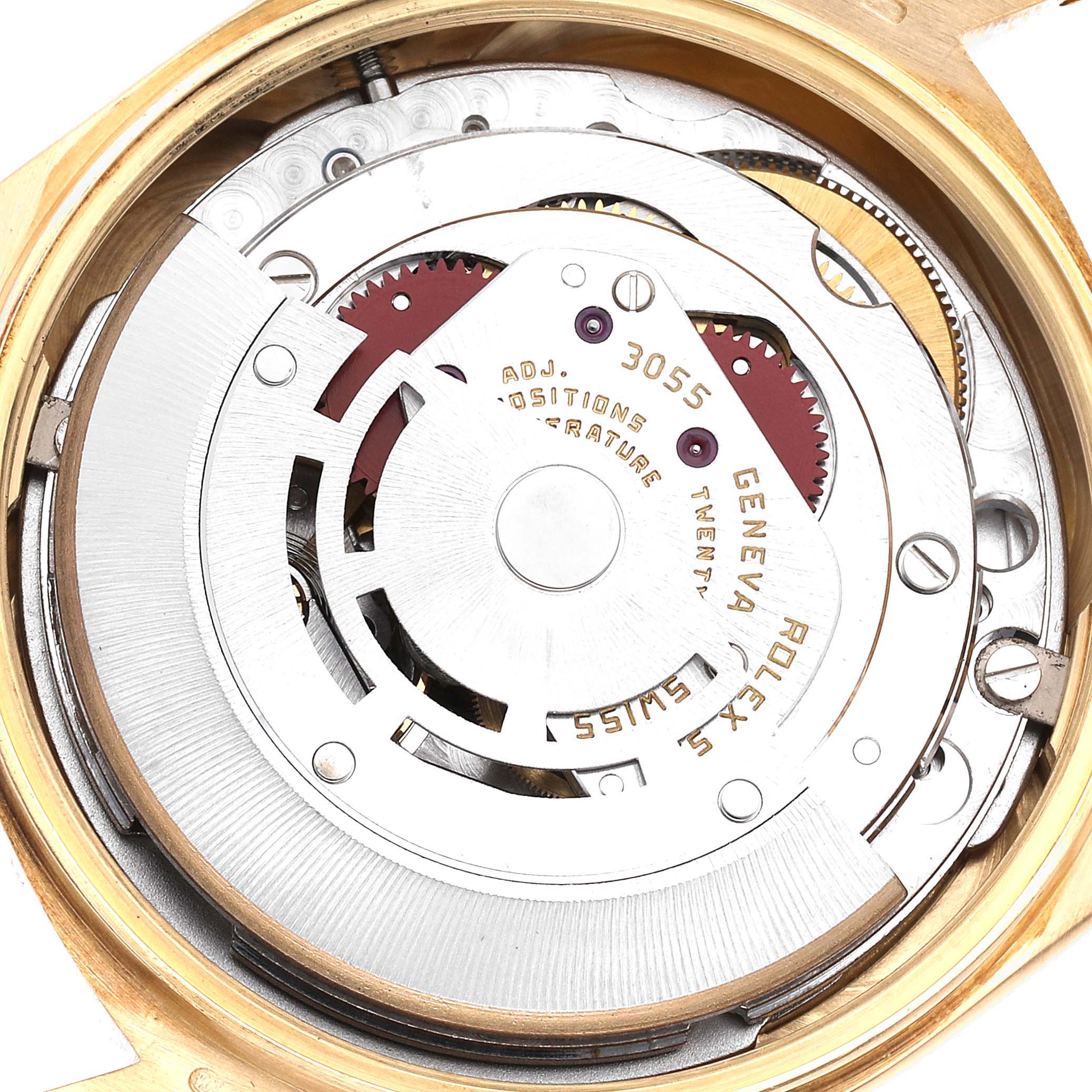 The image shows the internal mechanical movement of a Rolex President 18038A Men
s Yellow Gold Champagne Dial 18038A Men
s Yellow Gold Champagne Dial model watch at a straight-on angle.