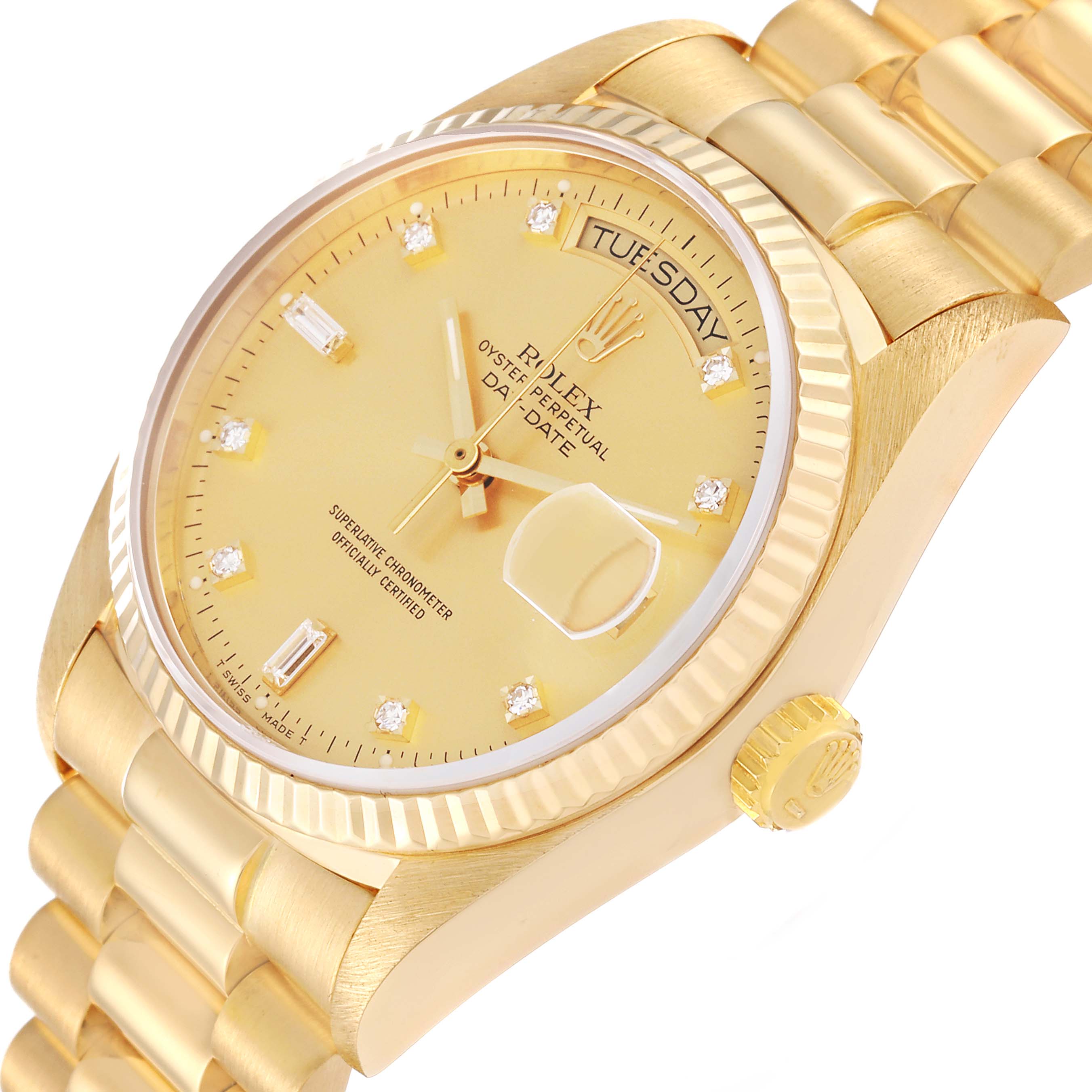 The image shows a close-up angled view of the Rolex President 18038A Men
s Yellow Gold Champagne Dial 18038A Men
s Yellow Gold Champagne Dial watch, highlighting the dial, bezel, and part of the bracelet.