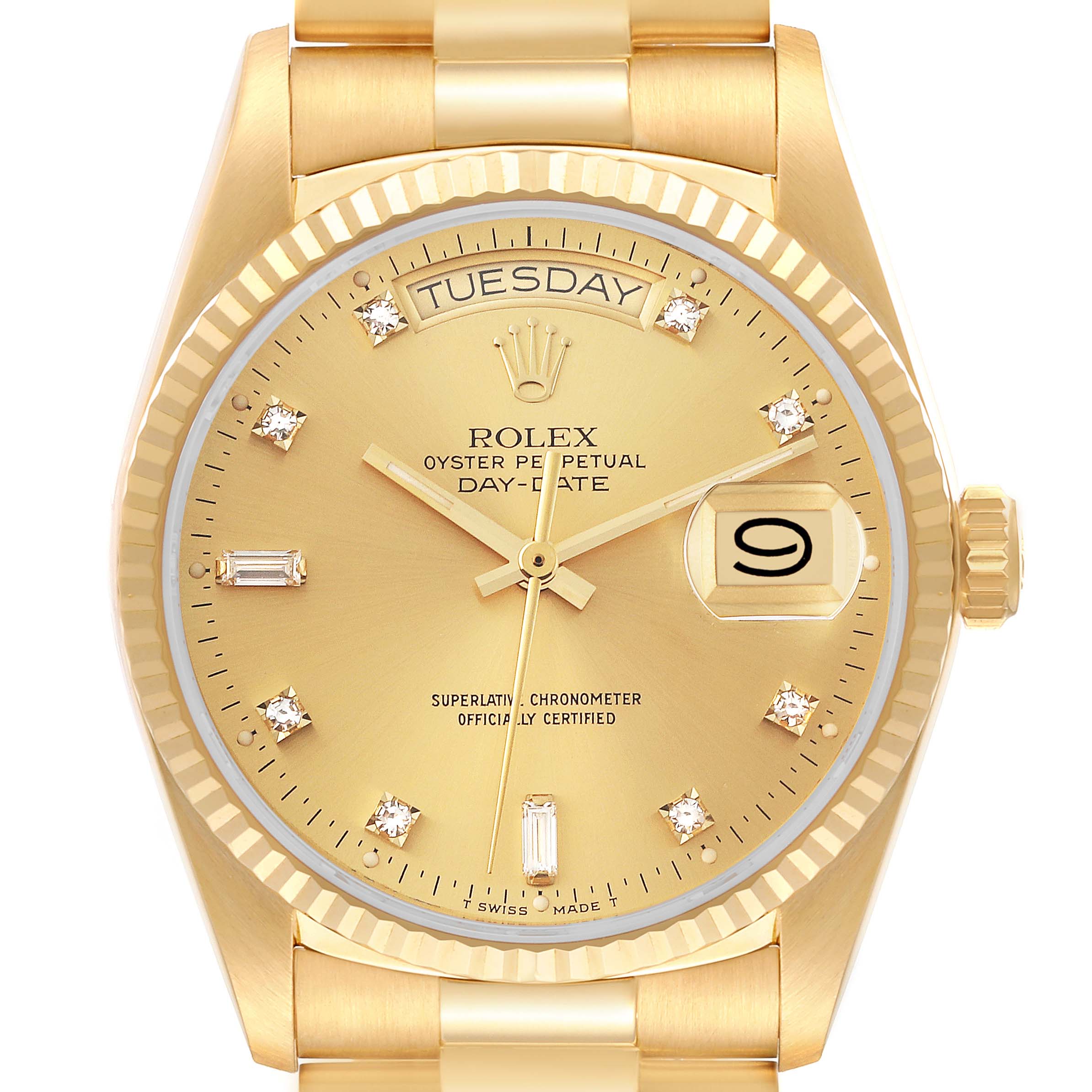 The image shows a frontal view of a Rolex President 18038A Men
s Yellow Gold Champagne Dial 18038A Men
s Yellow Gold Champagne Dial model watch, displaying its dial, hands, and day-date features.