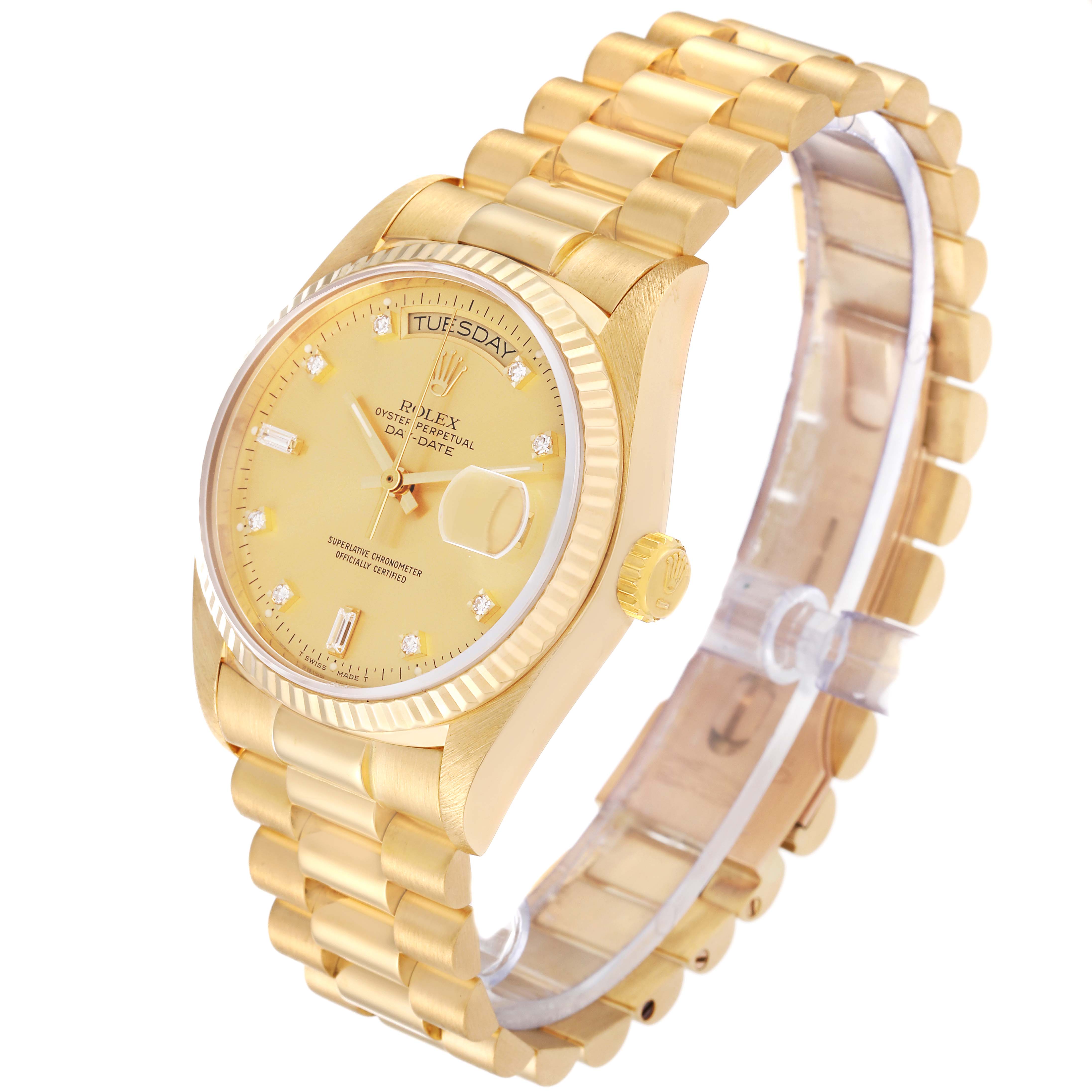 The Rolex President 18038A Men
s Yellow Gold Champagne Dial 18038A Men
s Yellow Gold Champagne Dial watch is shown at a 45-degree angle, highlighting its gold bracelet, crown, and face.