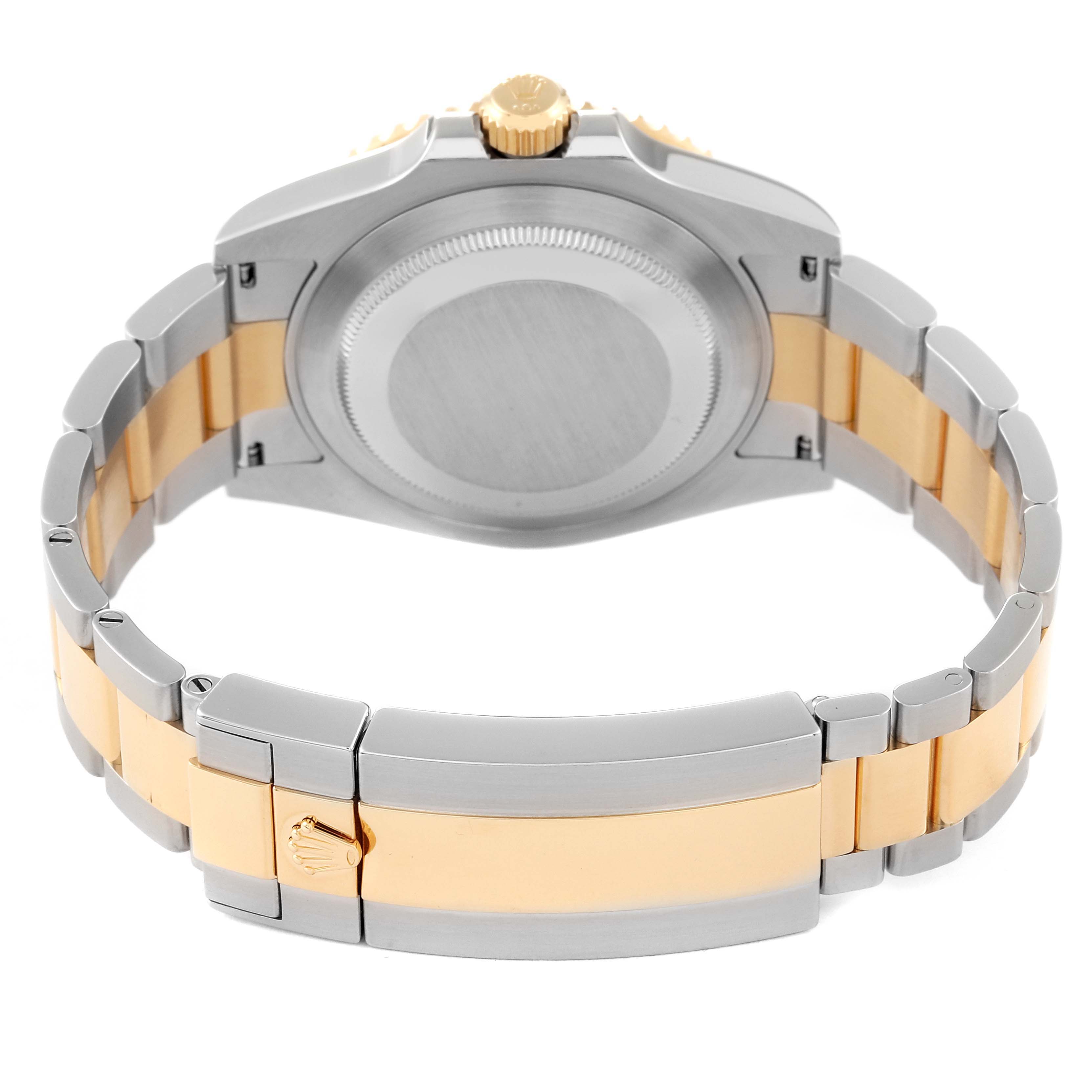 This is a rear view of the Rolex Submariner 126613LB Men's Steel and Gold (two tone) Blue Dial 126613LB Men's Steel and Gold (two tone) Blue Dial showing the case back, crown, and gold and silver bracelet.