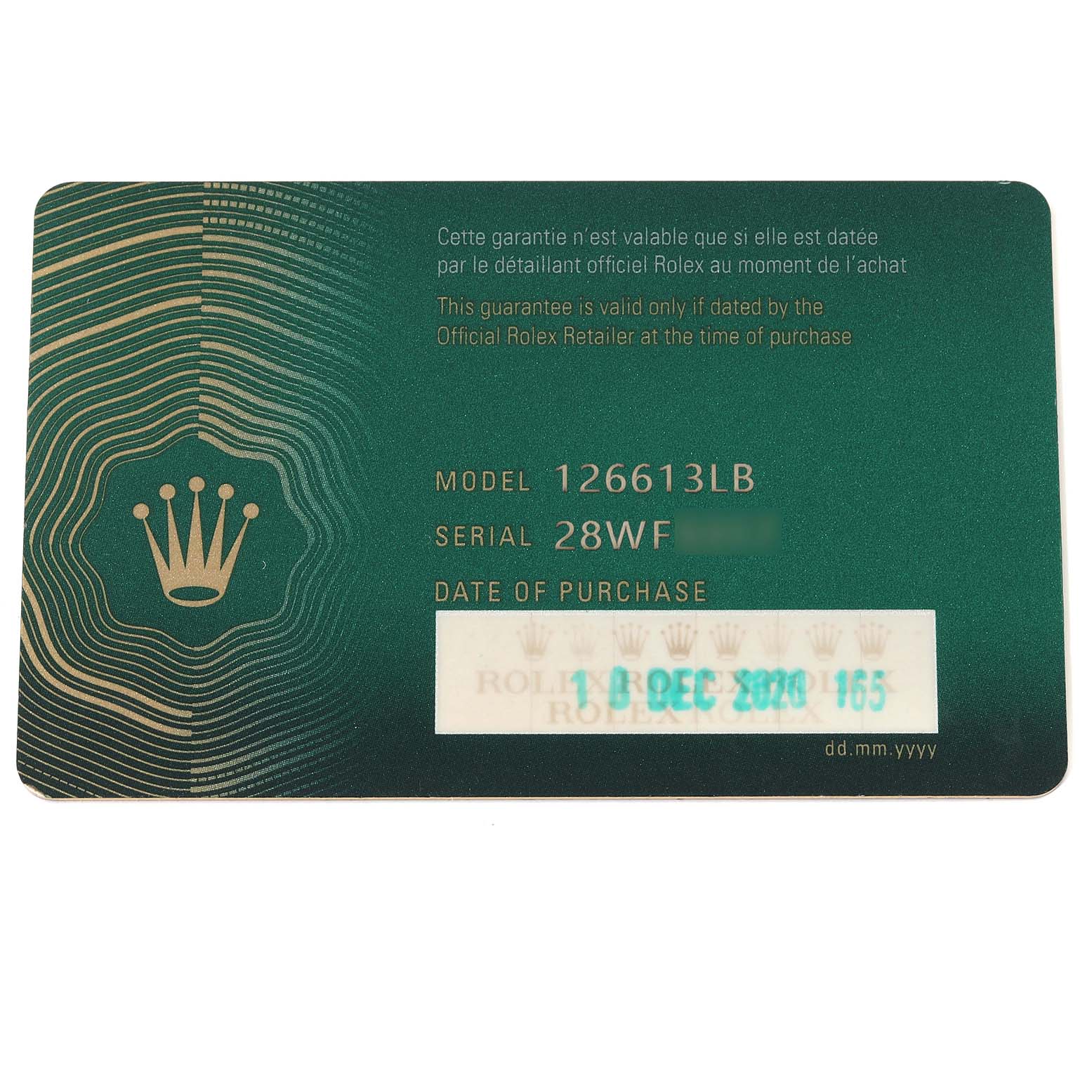 The image shows a Rolex guarantee card for a Submariner model 126613LB.