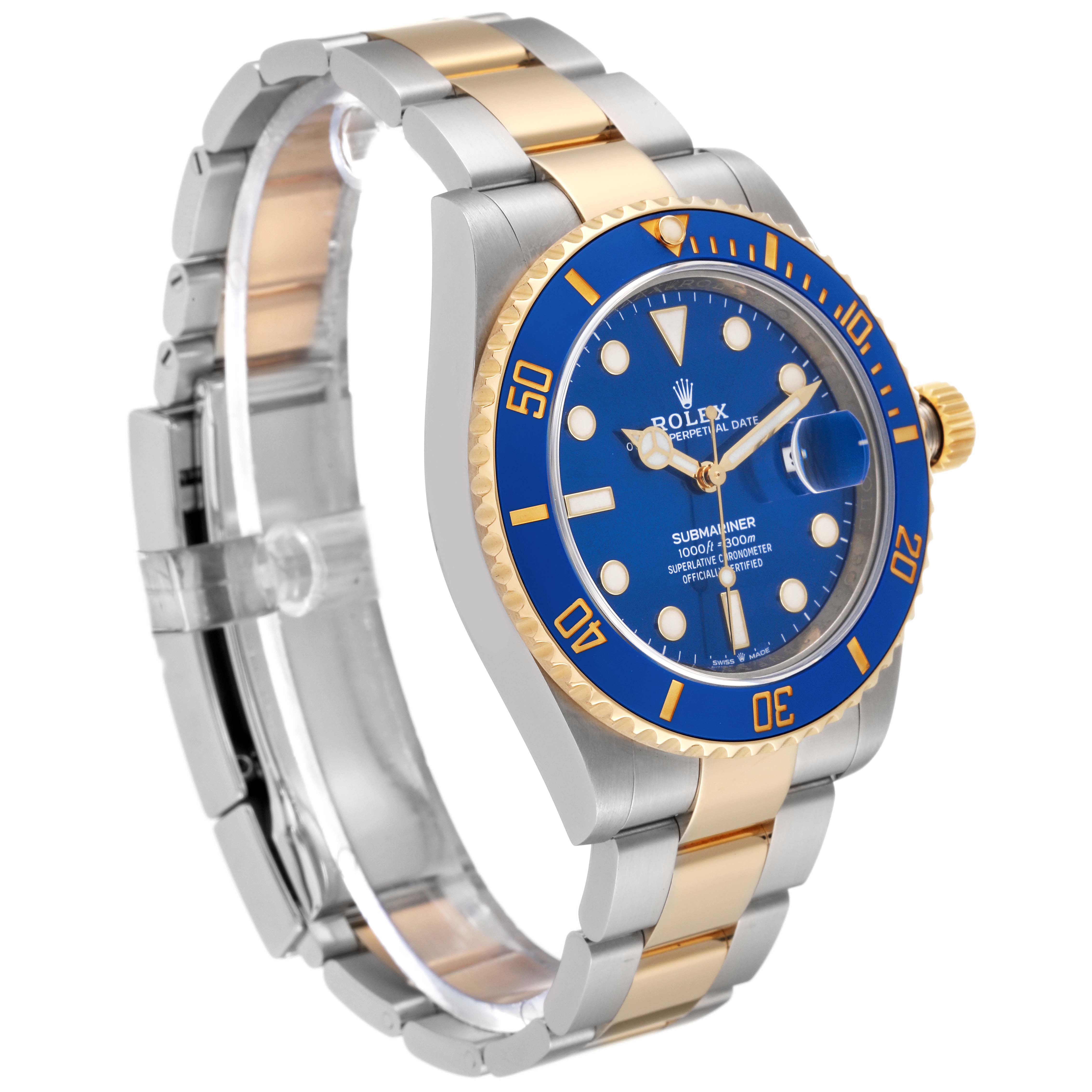 The Rolex Submariner 126613LB Men's Steel and Gold (two tone) Blue Dial 126613LB Men's Steel and Gold (two tone) Blue Dial watch is shown at an angle highlighting its blue dial, bezel, and two-tone bracelet.