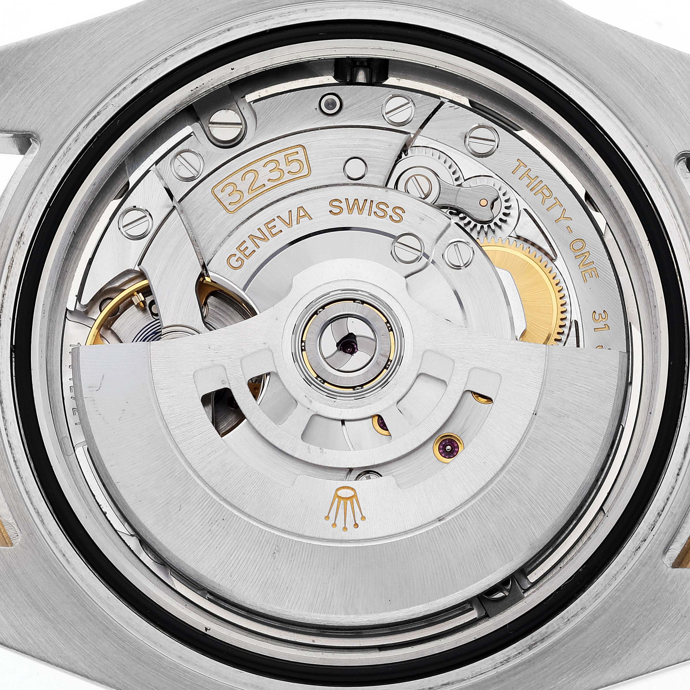 This is a close-up view of the movement inside a Rolex Submariner 126613LB Men's Steel and Gold (two tone) Blue Dial 126613LB Men's Steel and Gold (two tone) Blue Dial watch, showcasing its intricate mechanical components.