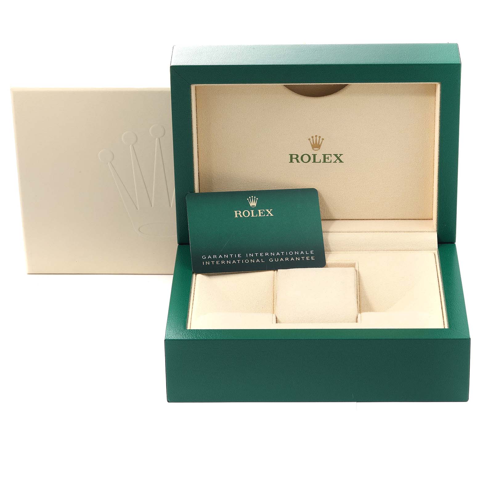 The image shows a Rolex Submariner 126613LB Men's Steel and Gold (two tone) Blue Dial 126613LB Men's Steel and Gold (two tone) Blue Dial box and international guarantee card from a frontal angle.