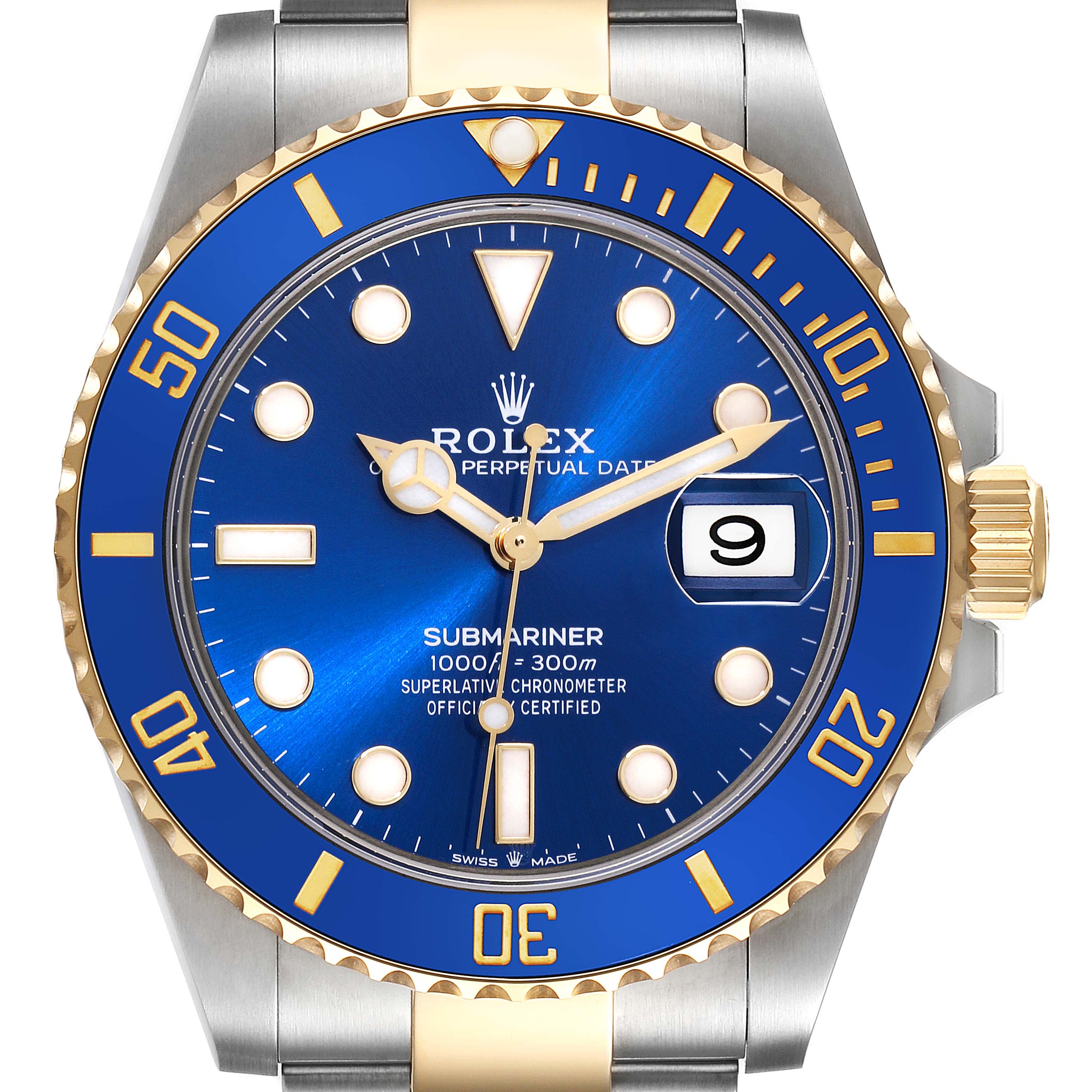 The image shows a front angle of a Rolex Submariner 126613LB Men's Steel and Gold (two tone) Blue Dial 126613LB Men's Steel and Gold (two tone) Blue Dial watch, highlighting the blue dial, gold accents, and date window.
