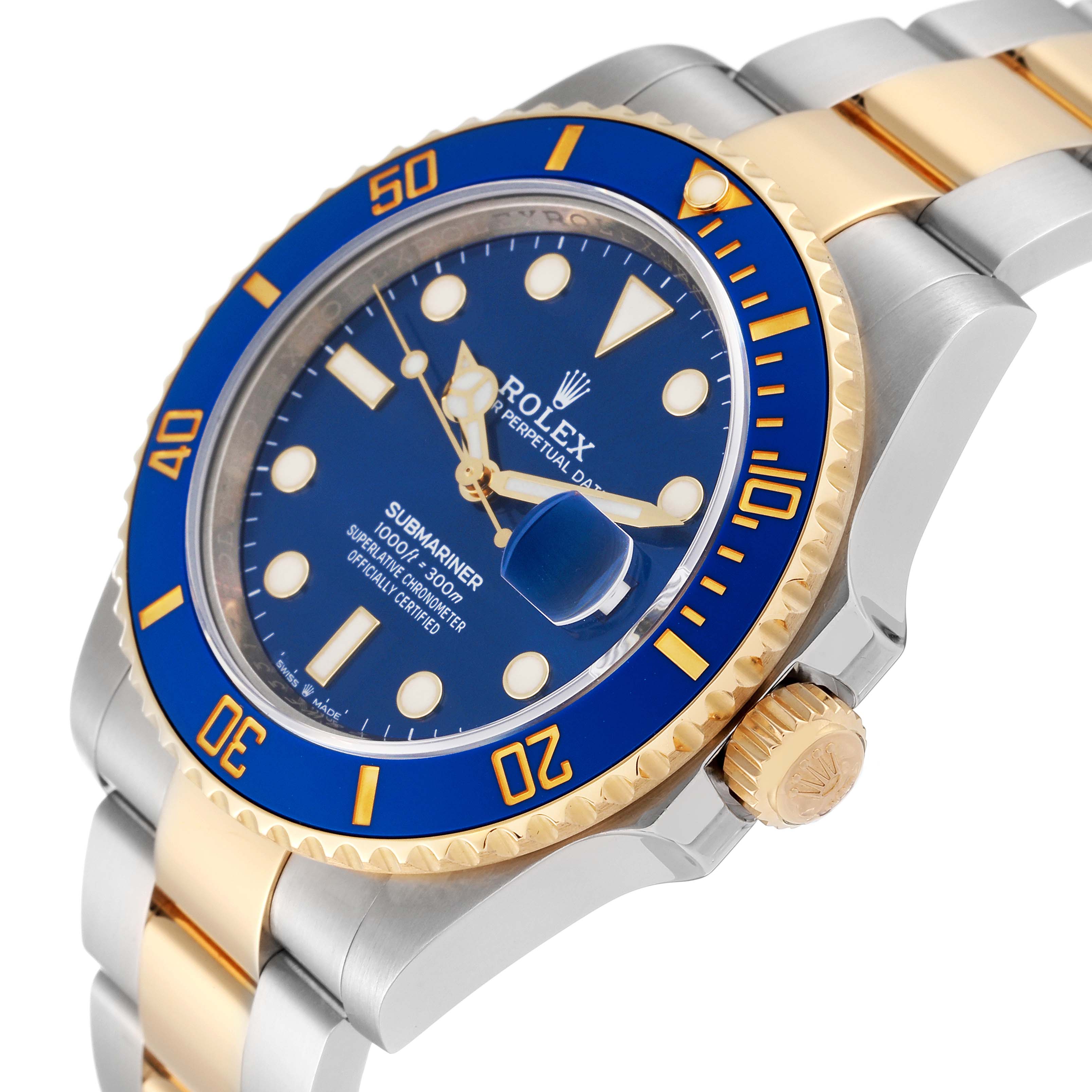 The image shows an angled close-up of a Rolex Submariner 126613LB Men's Steel and Gold (two tone) Blue Dial 126613LB Men's Steel and Gold (two tone) Blue Dial, featuring the bezel, dial, crown, and part of the bracelet.