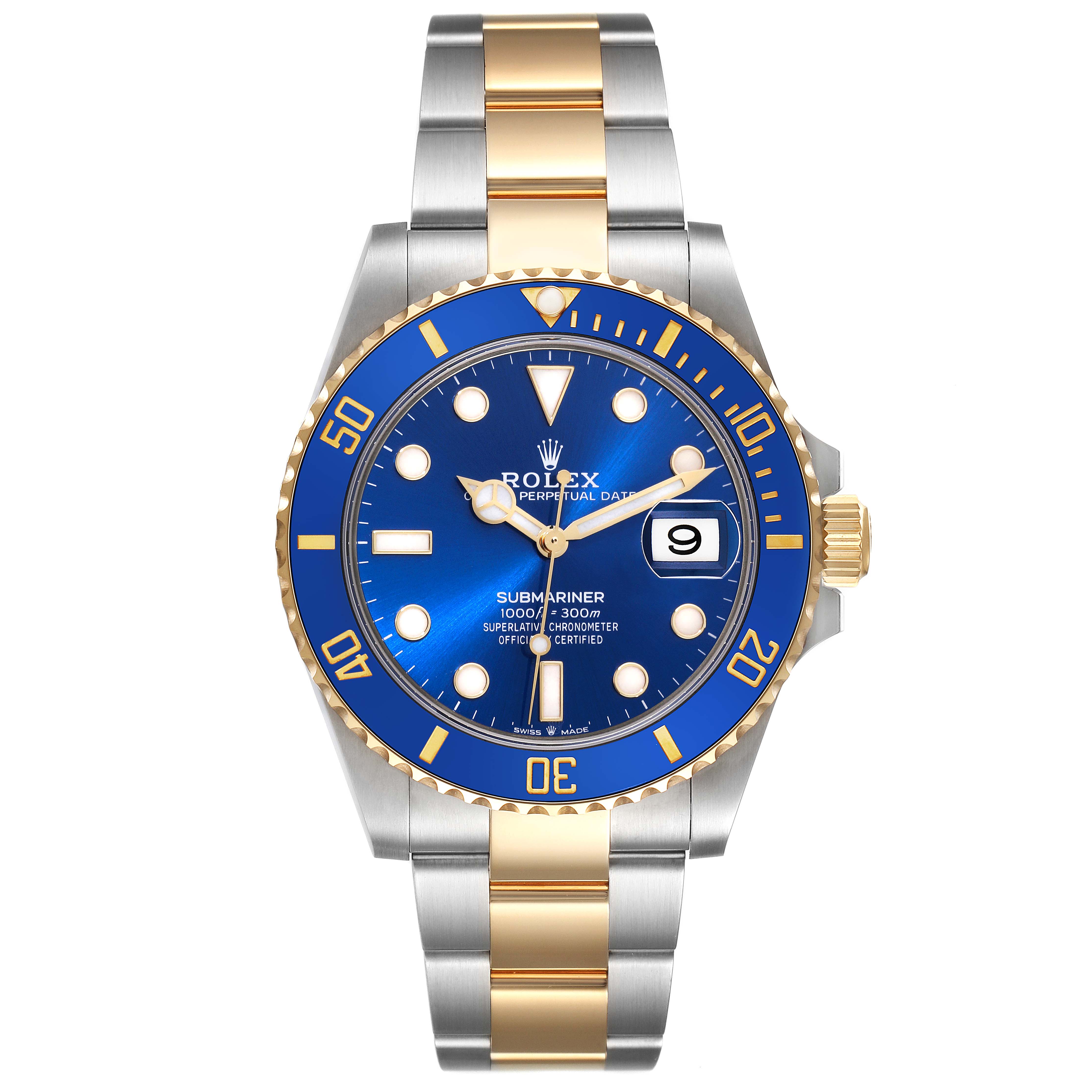 The image shows a front view of a Rolex Submariner 126613LB Men's Steel and Gold (two tone) Blue Dial 126613LB Men's Steel and Gold (two tone) Blue Dial, featuring a blue dial and bezel with a two-tone stainless steel and gold bracelet.