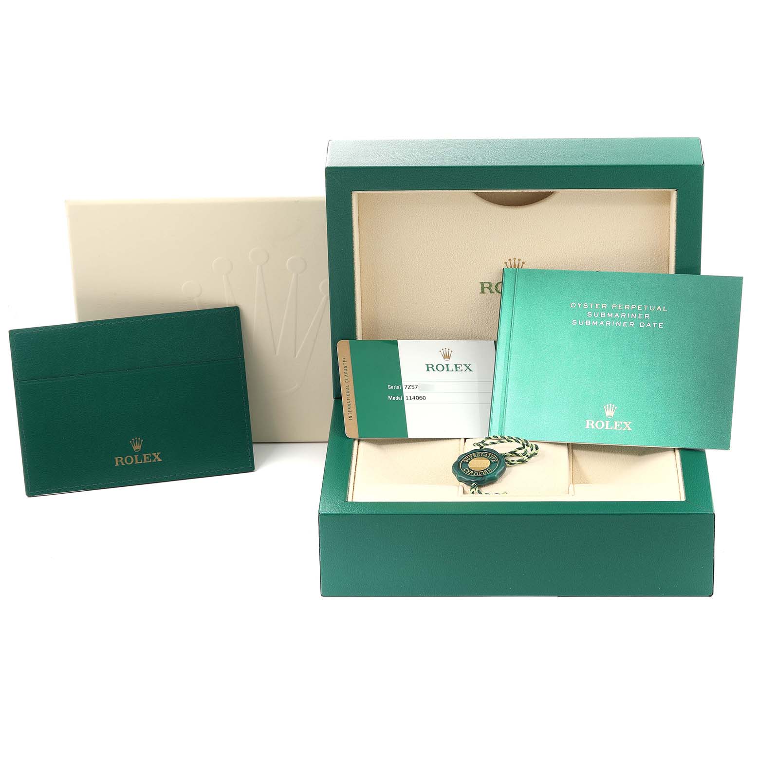 The image shows an open Rolex Submariner 114060 Men's Stainless Steel Black Dial 114060 Men's Stainless Steel Black Dial watch box, warranty card, booklet, and tag from a frontal perspective.