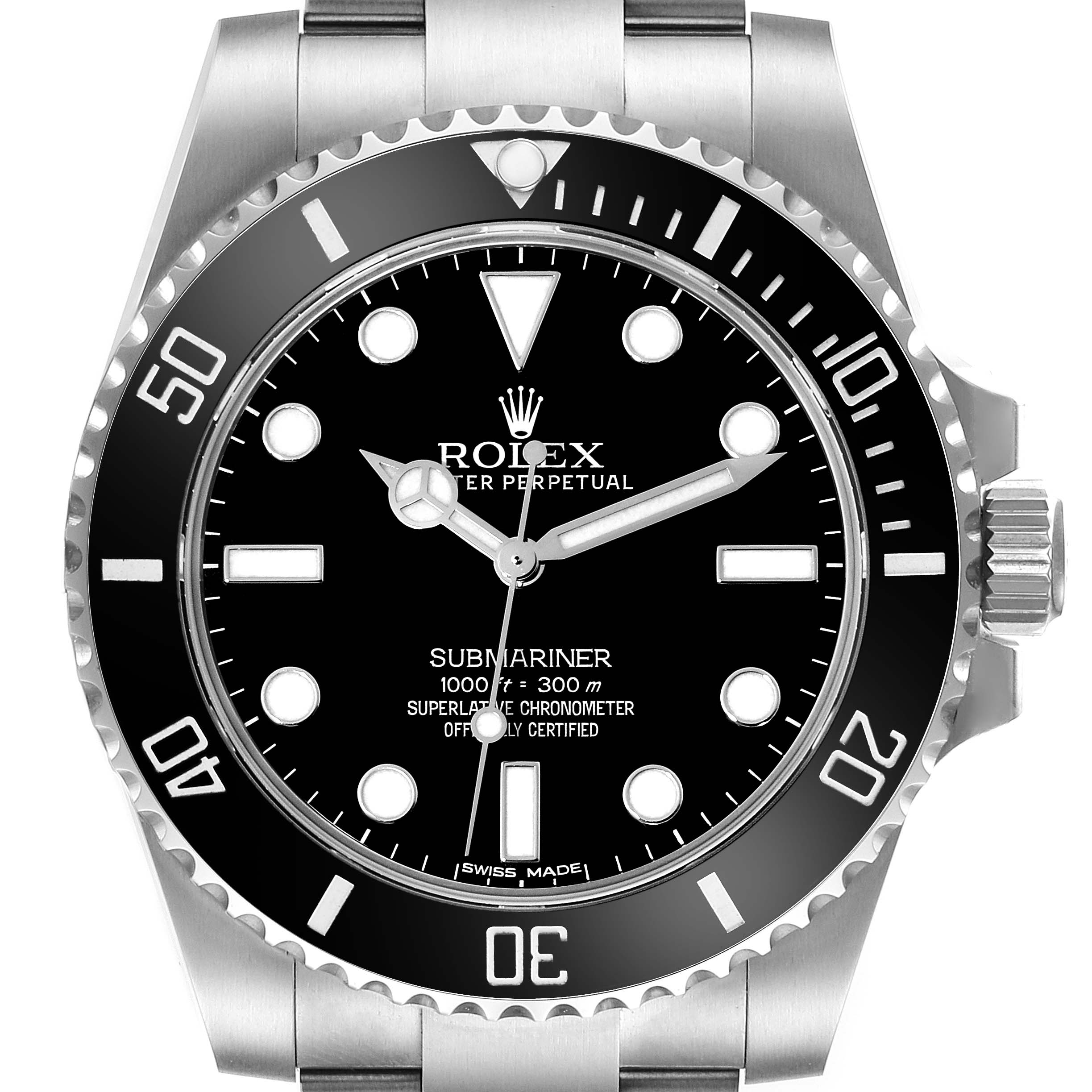 The image shows a front-facing angle of the Rolex Submariner 114060 Men's Stainless Steel Black Dial 114060 Men's Stainless Steel Black Dial watch, highlighting its dial, bezel, and part of its bracelet.
