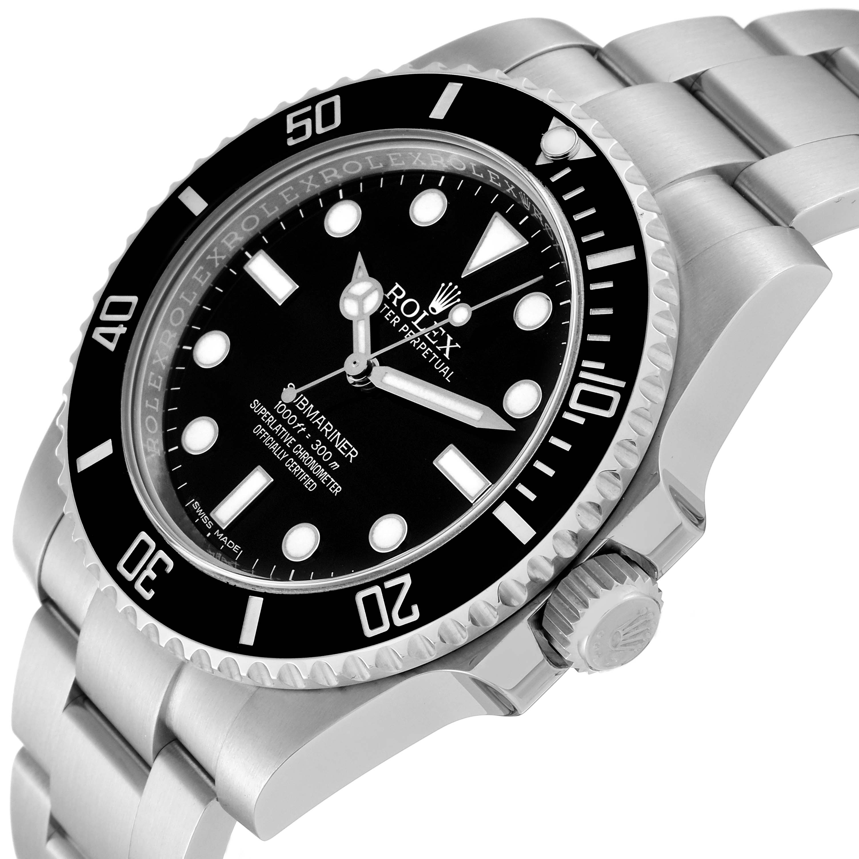 The image shows a Rolex Submariner 114060 Men's Stainless Steel Black Dial 114060 Men's Stainless Steel Black Dial watch angled to display the dial, bezel, crown, and part of the bracelet.
