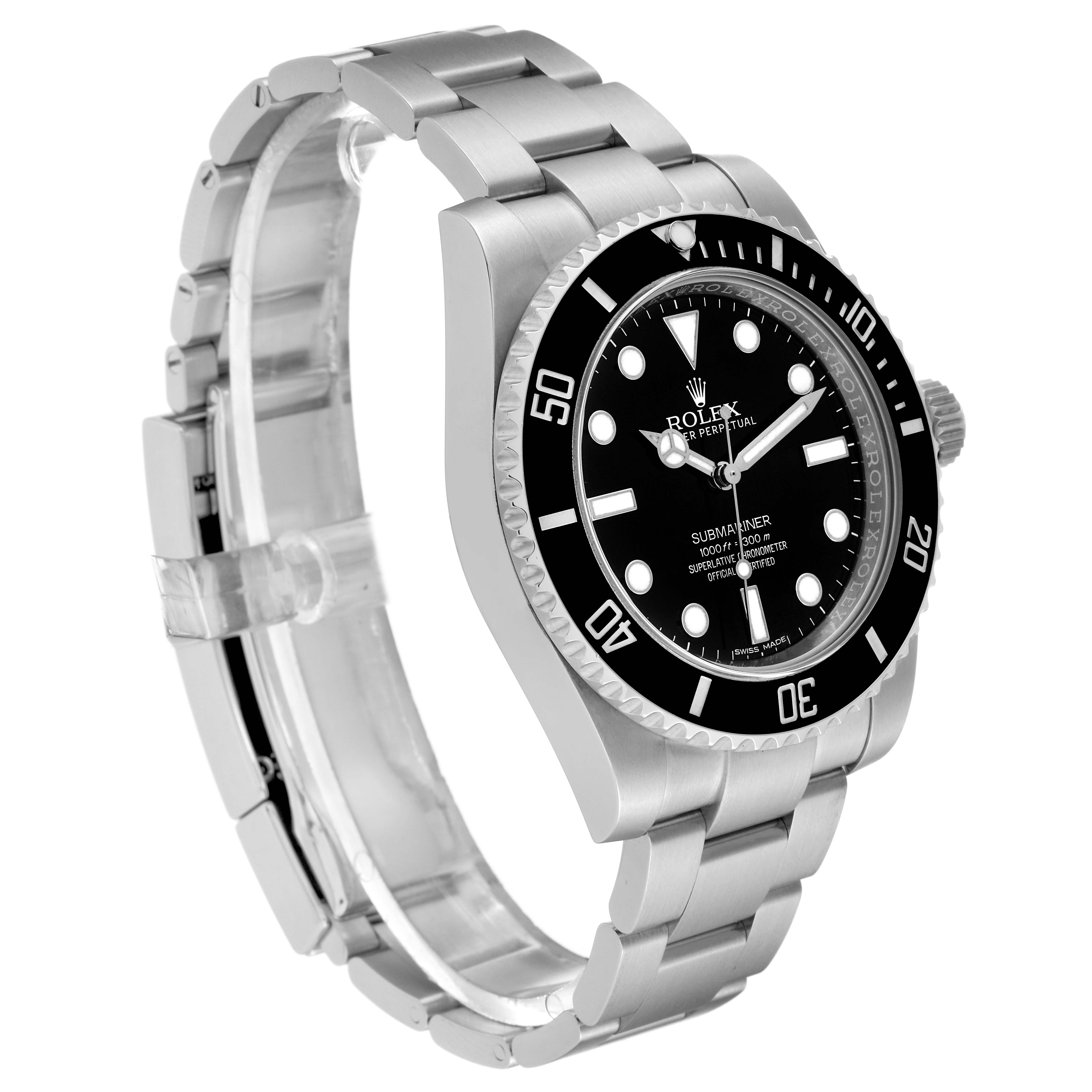 The image shows a Rolex Submariner 114060 Men's Stainless Steel Black Dial 114060 Men's Stainless Steel Black Dial watch angled to display its face, bezel, crown, and metal bracelet.