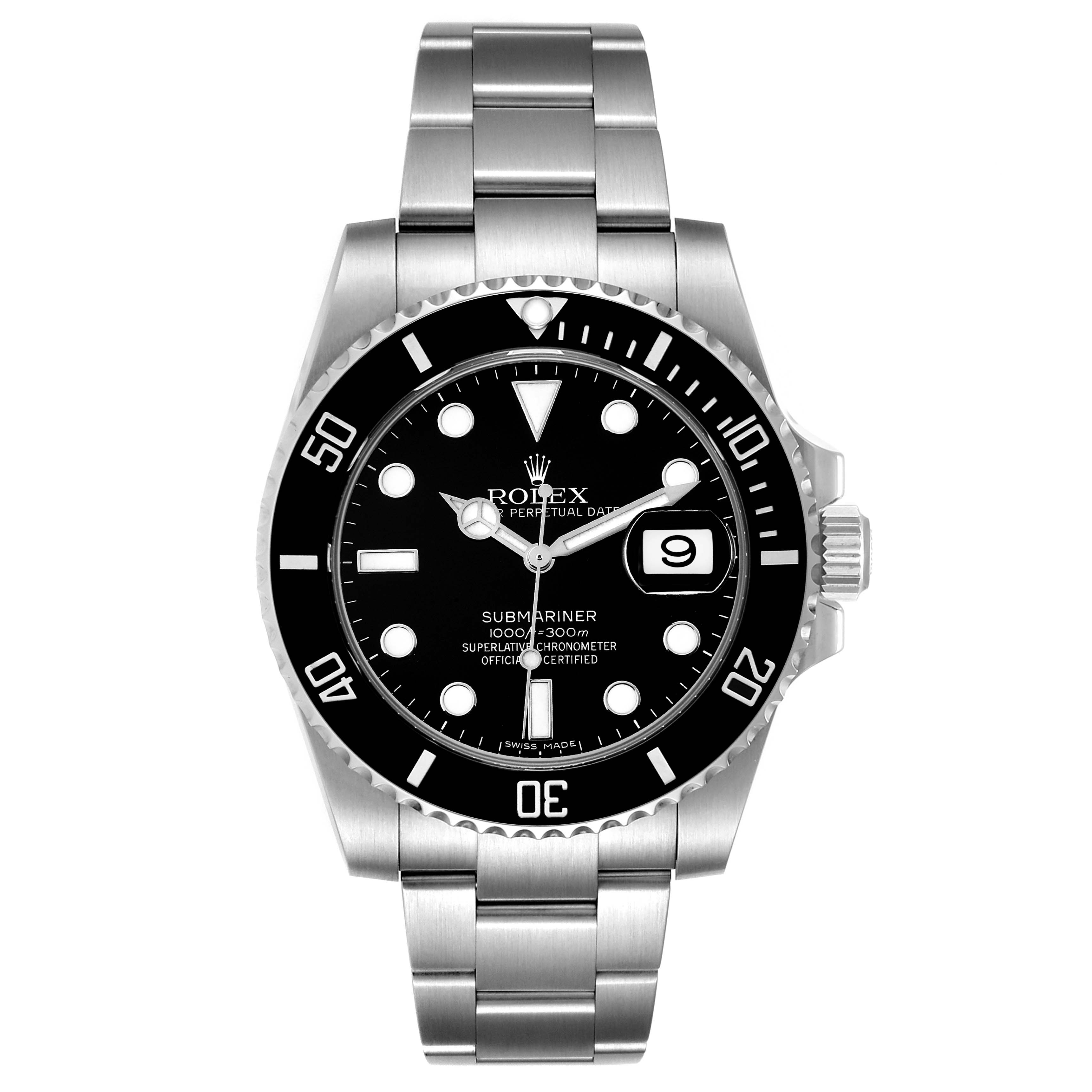 This image shows a front view of a Rolex Submariner 116610 Men
s Stainless Steel Black Dial 116610 Men
s Stainless Steel Black Dial watch, displaying the dial, bezel, and stainless steel bracelet.
