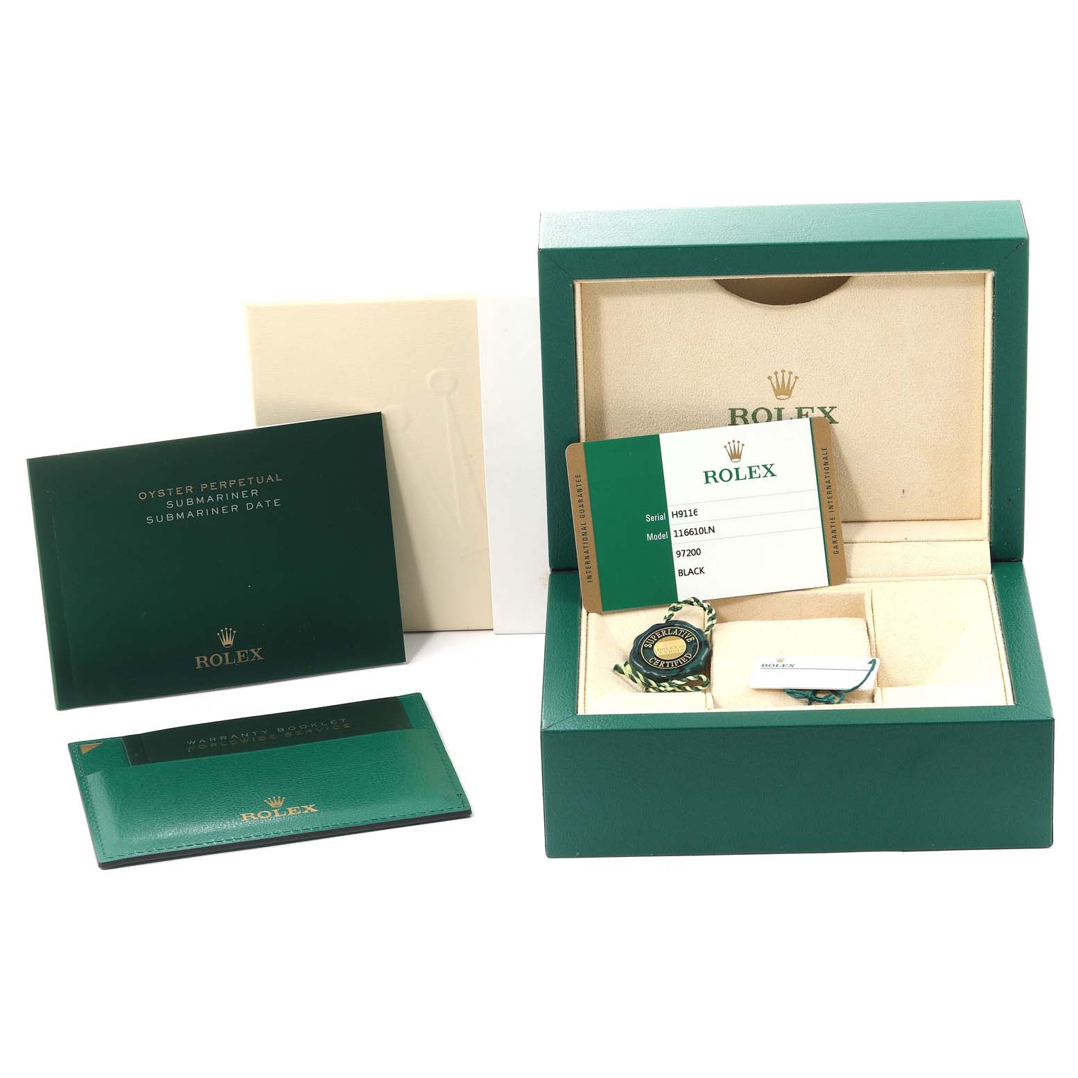 The image shows the open packaging and accessories of a Rolex Submariner 116610 Men
s Stainless Steel Black Dial 116610 Men
s Stainless Steel Black Dial watch, including the warranty card, tags, and manuals.