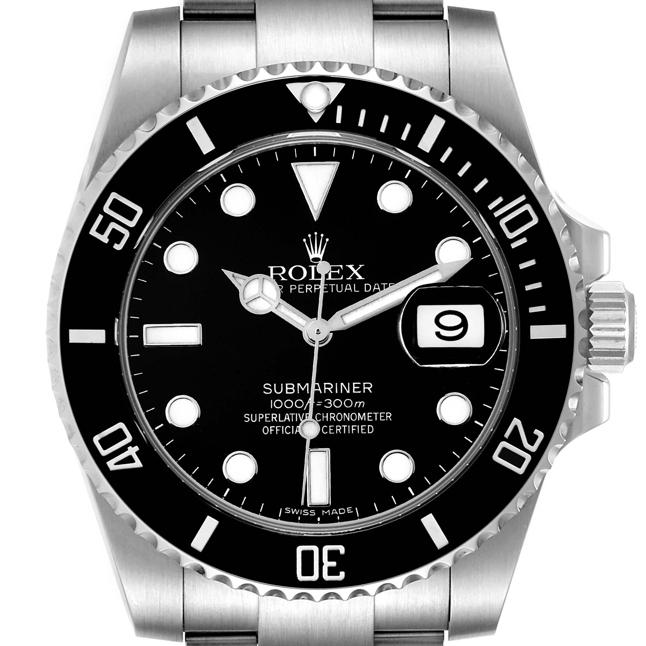 This image shows the front view of a Rolex Submariner 116610 Men
s Stainless Steel Black Dial 116610 Men
s Stainless Steel Black Dial watch, displaying its bezel, dial, and date window.
