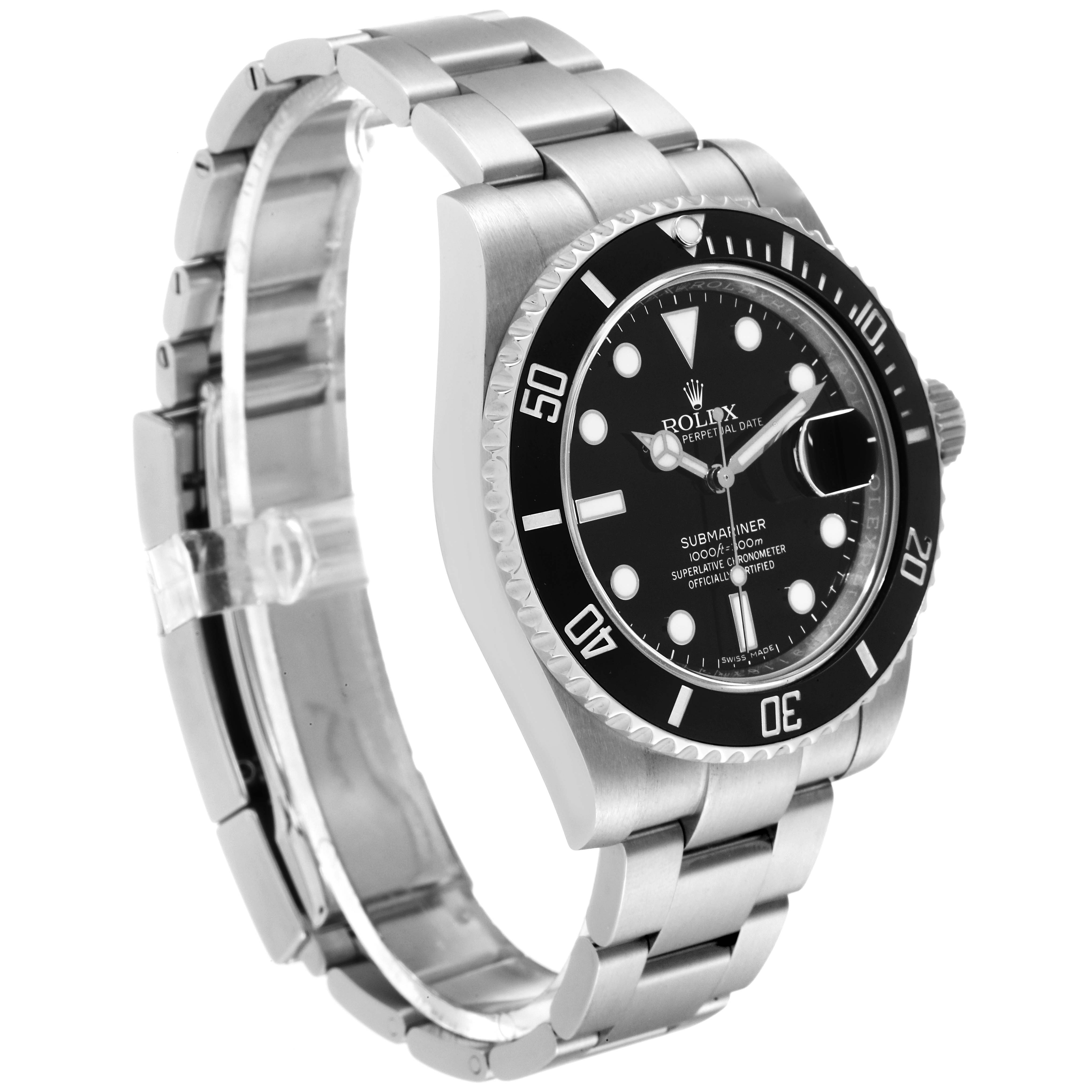 This image shows a Rolex Submariner 116610 Men
s Stainless Steel Black Dial 116610 Men
s Stainless Steel Black Dial watch from an angled side view, highlighting the face, bezel, and bracelet.