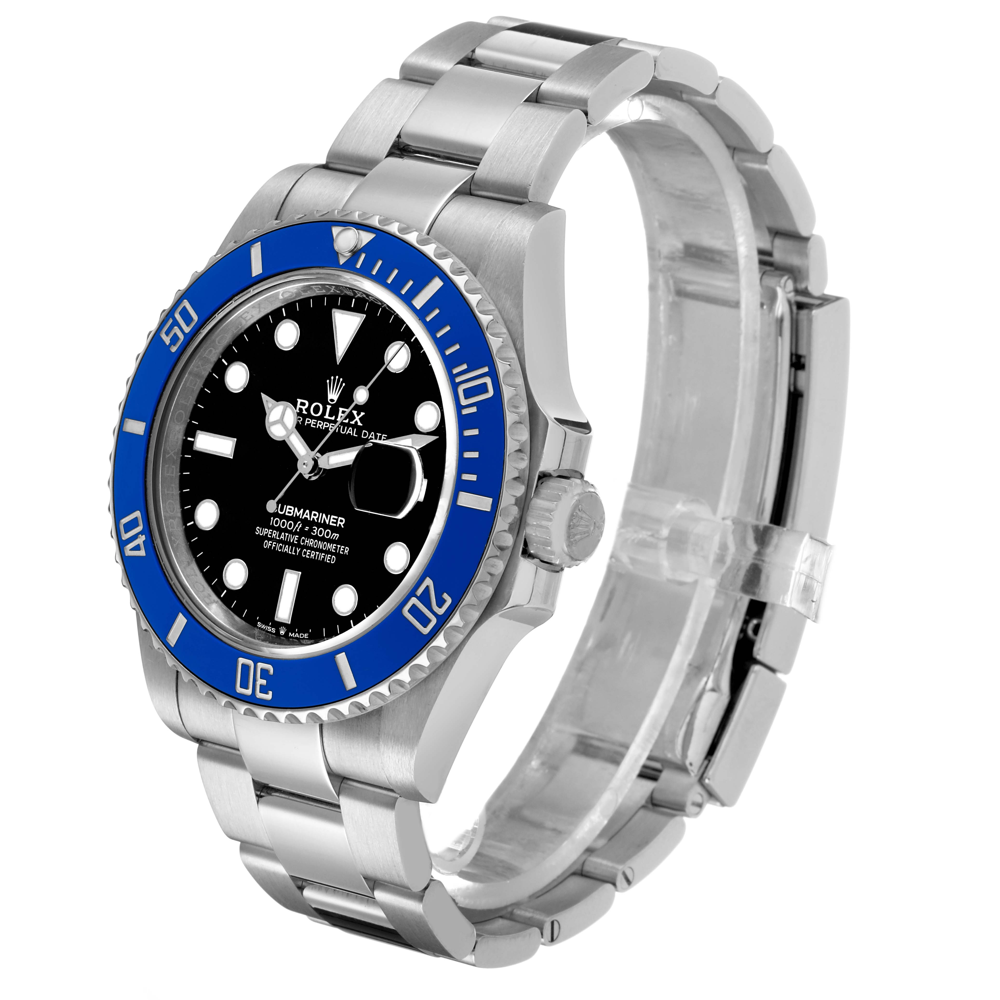 The Rolex Submariner 126619 Men's White Gold Black Dial is shown at a three-quarter angle, displaying the bezel, dial, and bracelet.