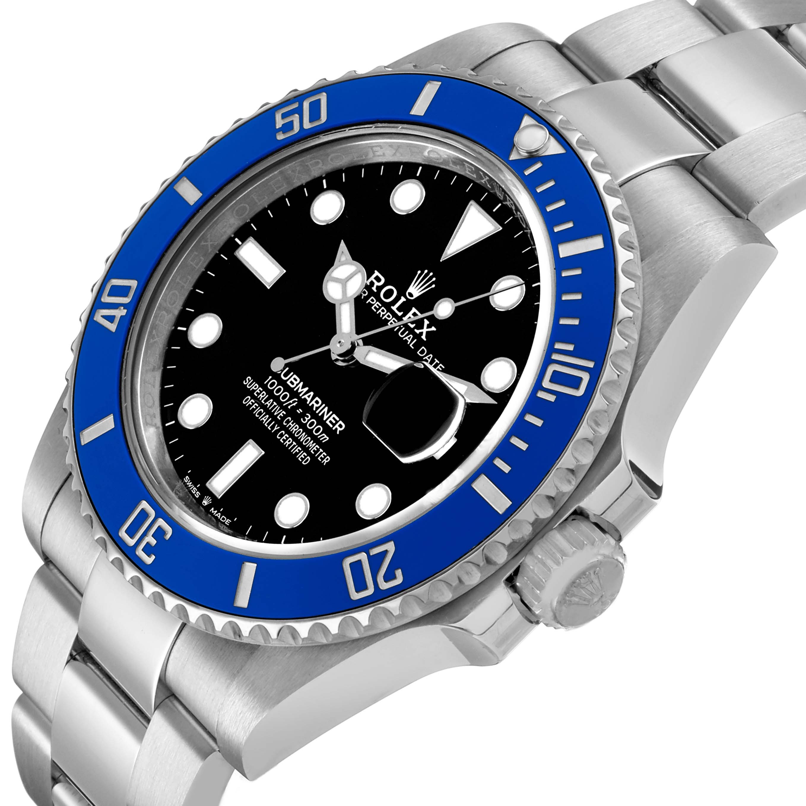 The Rolex Submariner 126619 Men's White Gold Black Dial is shown at an angled close-up, displaying the dial, bezel, crown, and part of the bracelet.