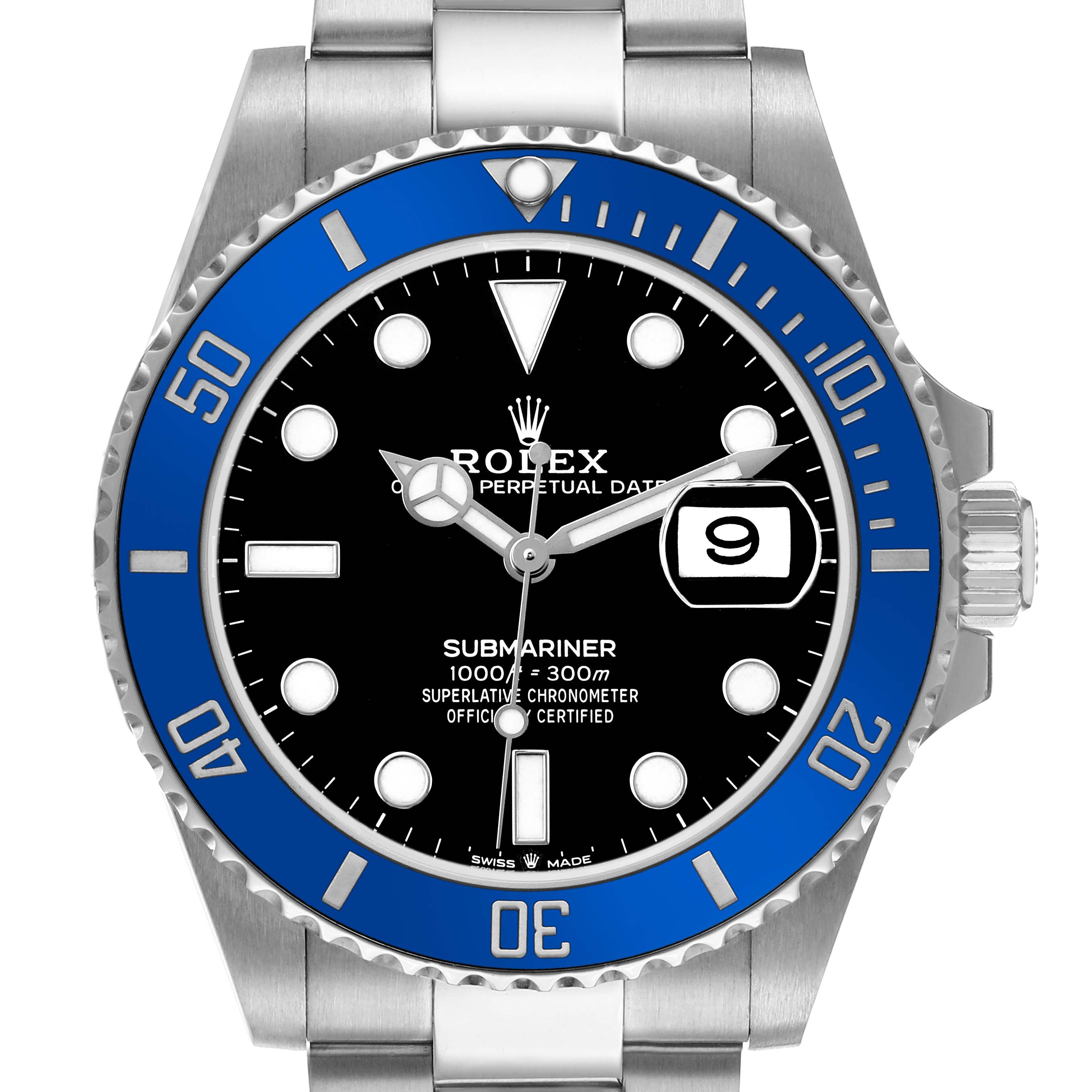 The image shows the Rolex Submariner 126619 Men's White Gold Black Dial watch face from a straight-on angle, highlighting the blue bezel, black dial, and date window.